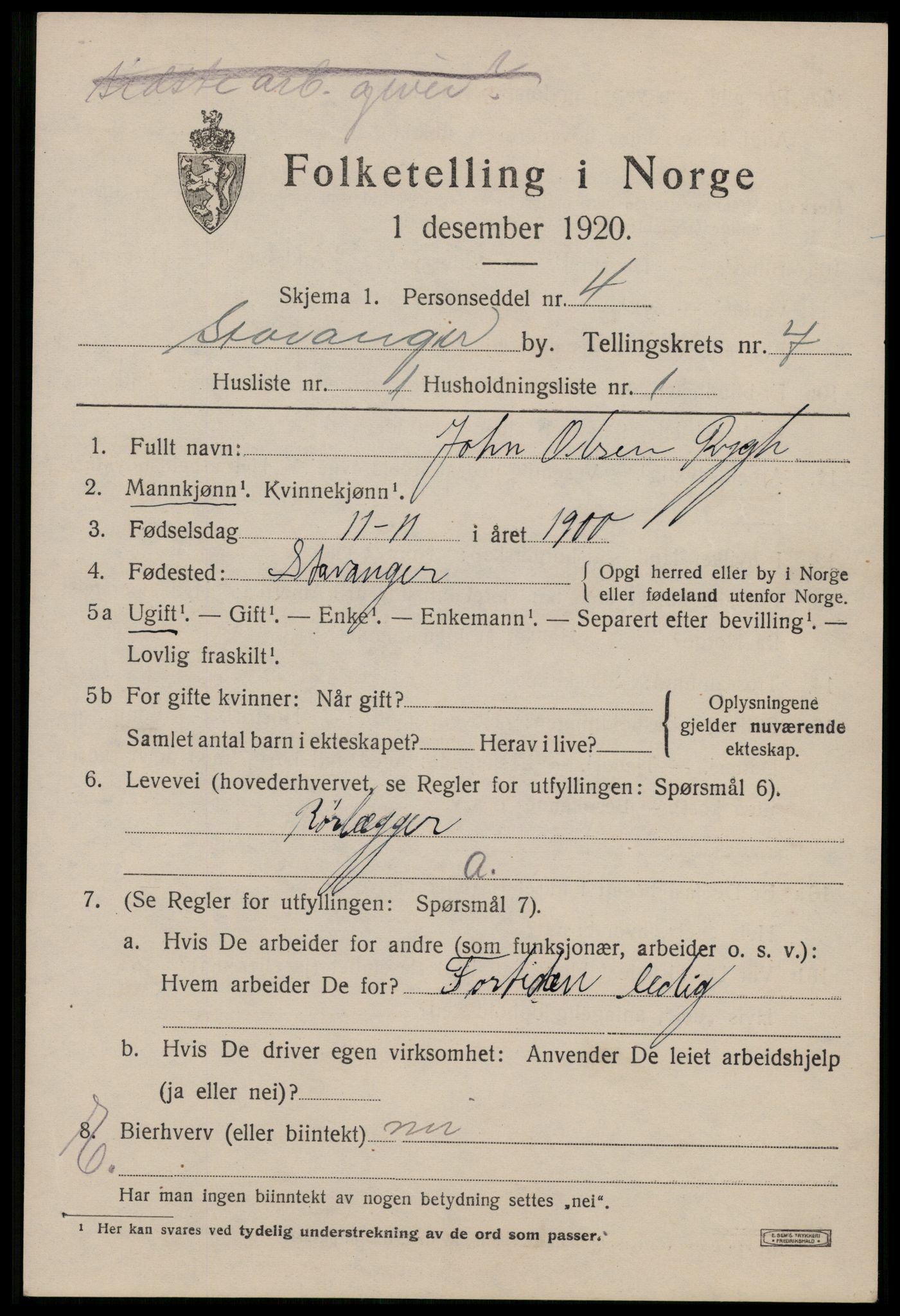 SAST, 1920 census for Stavanger, 1920, p. 44794