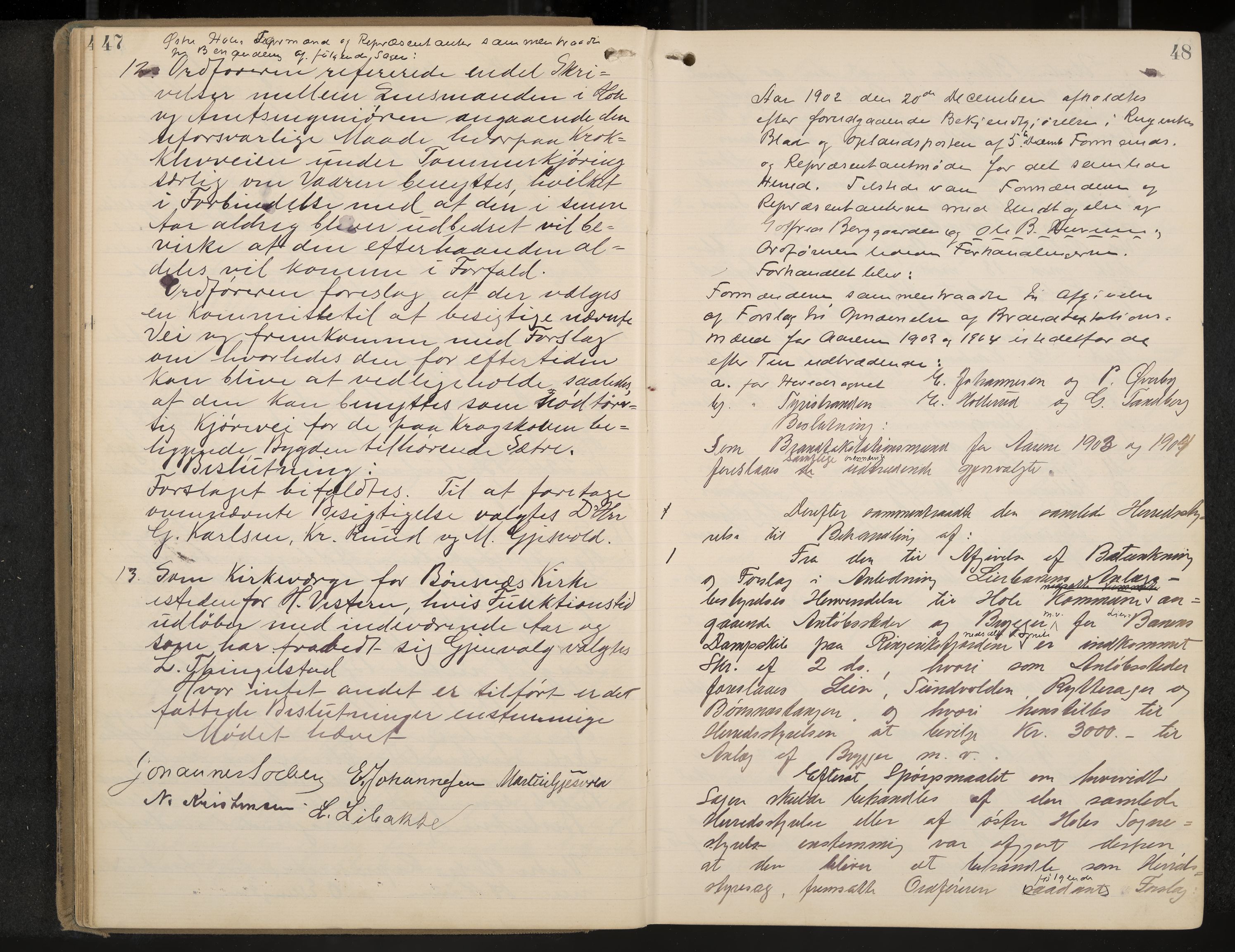 Hole formannskap og sentraladministrasjon, IKAK/0612021-1/A/Aa/L0004: Møtebok med register, 1902-1910, p. 47-48