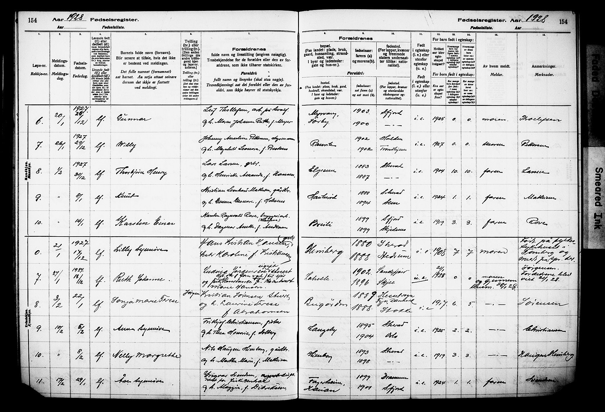 Sandar kirkebøker, AV/SAKO-A-243/J/Ja/L0002: Birth register no. 2, 1922-1929, p. 154