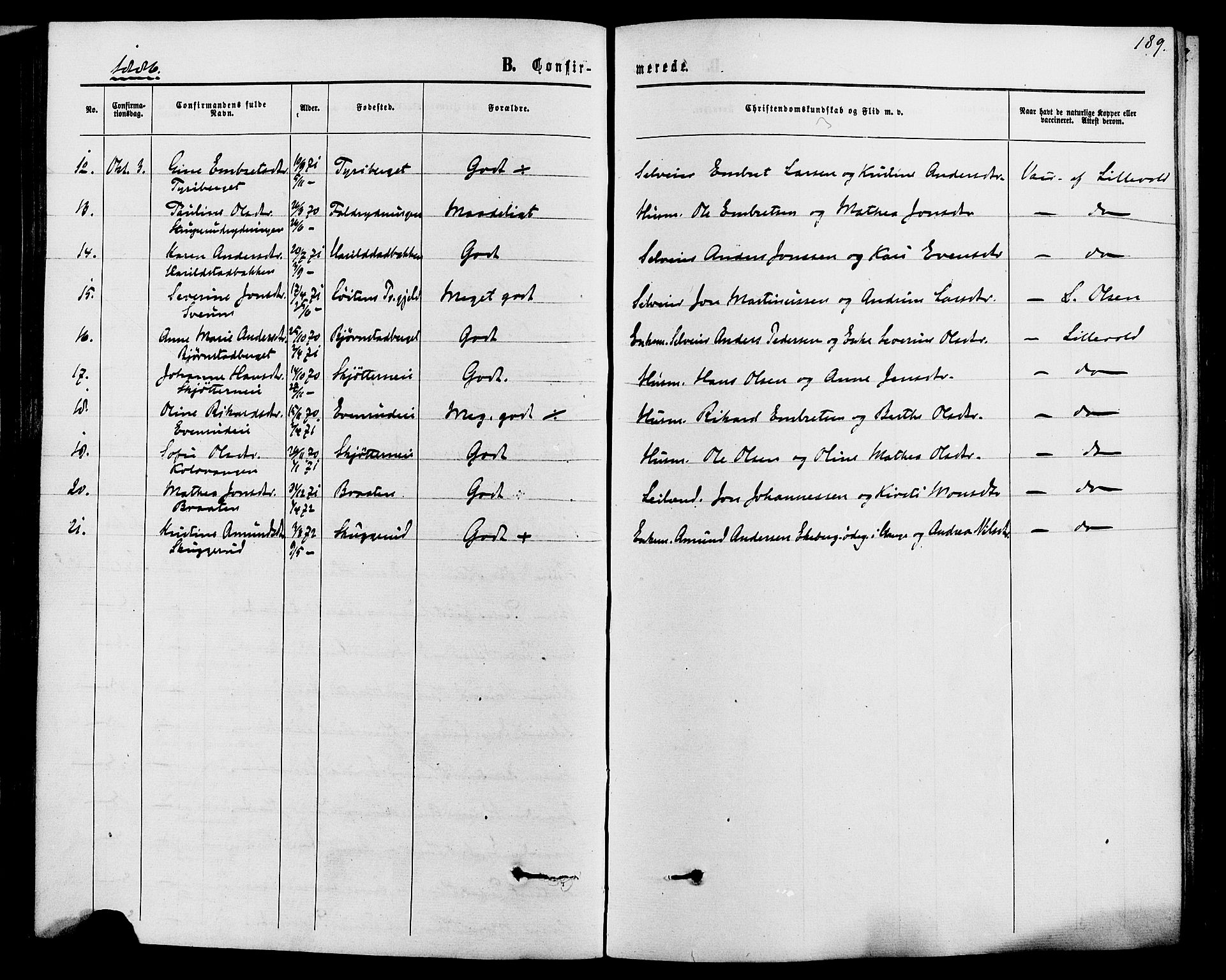 Romedal prestekontor, SAH/PREST-004/K/L0006: Parish register (official) no. 6, 1866-1886, p. 189