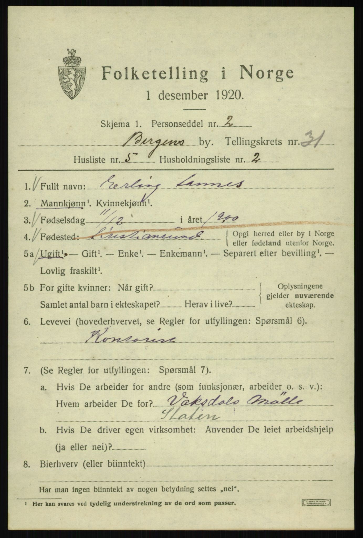 SAB, 1920 census for Bergen, 1920, p. 96296