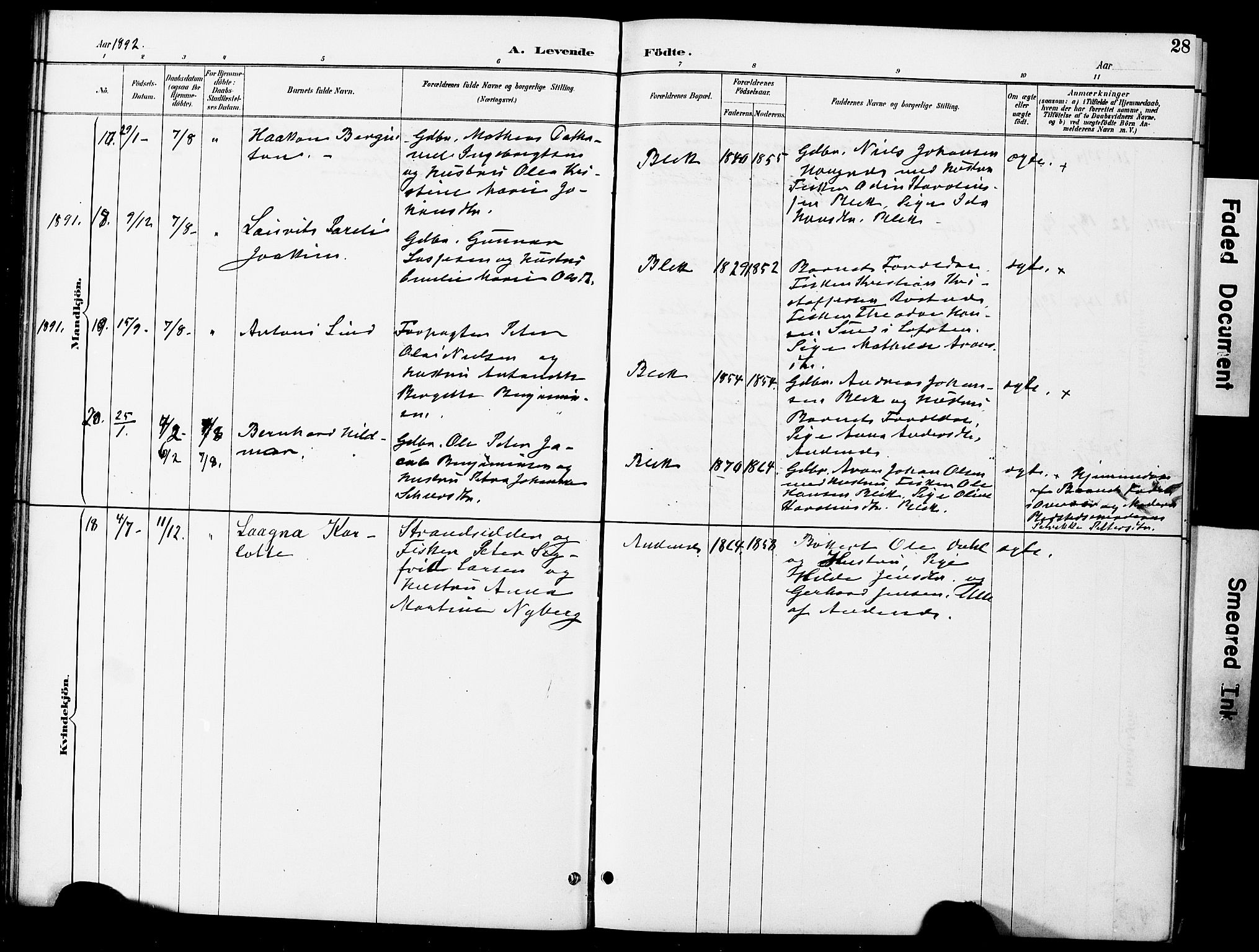 Ministerialprotokoller, klokkerbøker og fødselsregistre - Nordland, AV/SAT-A-1459/899/L1448: Parish register (copy) no. 899C03, 1887-1902, p. 28