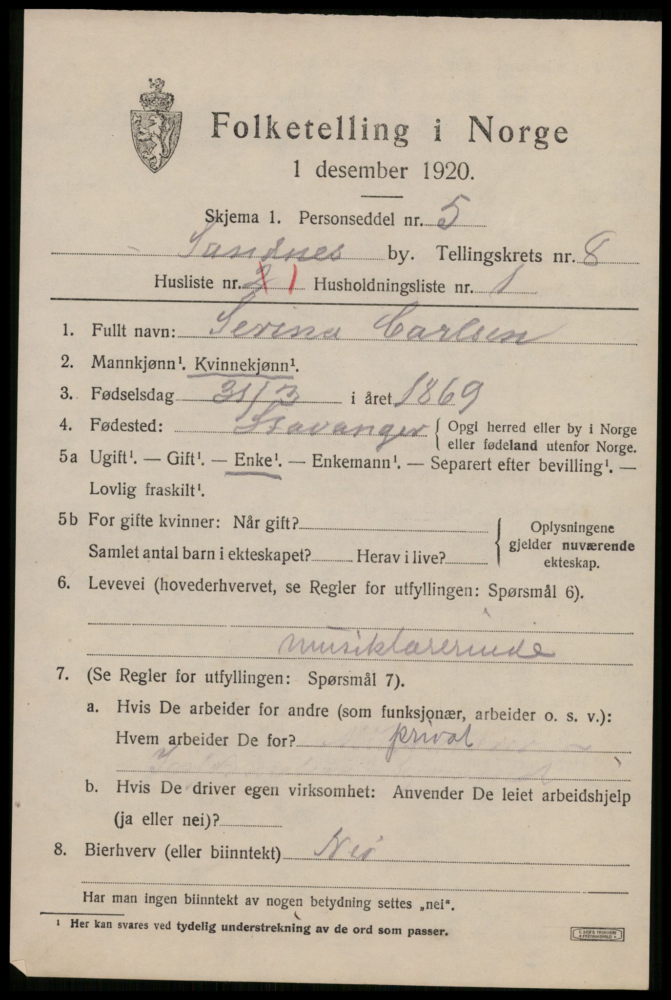 SAST, 1920 census for Sandnes, 1920, p. 5798