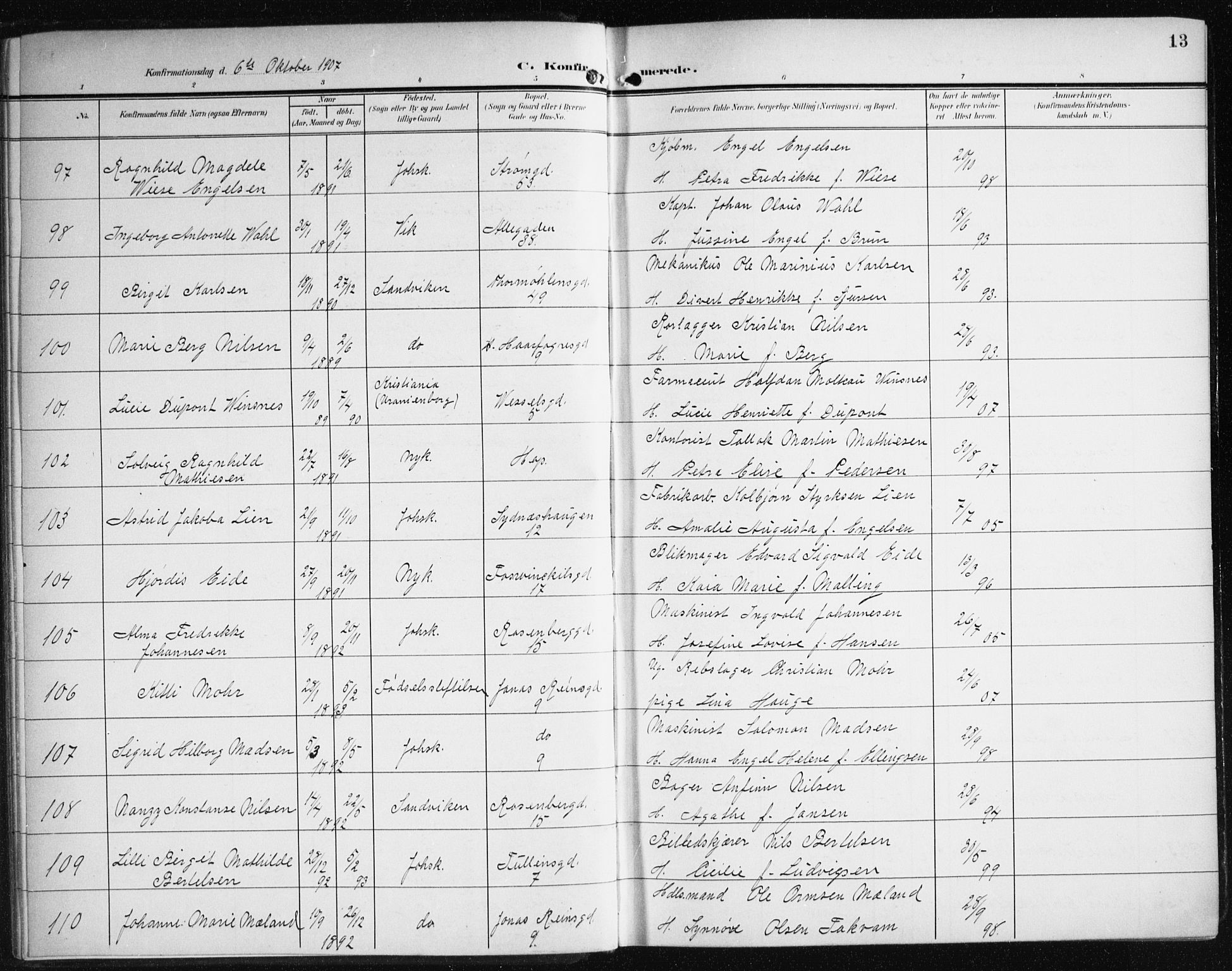 Johanneskirken sokneprestembete, AV/SAB-A-76001/H/Haa/L0009: Parish register (official) no. C 2, 1907-1924, p. 13