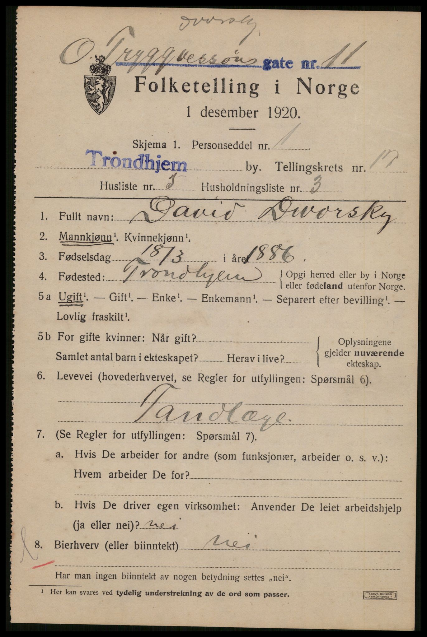 SAT, 1920 census for Trondheim, 1920, p. 54794