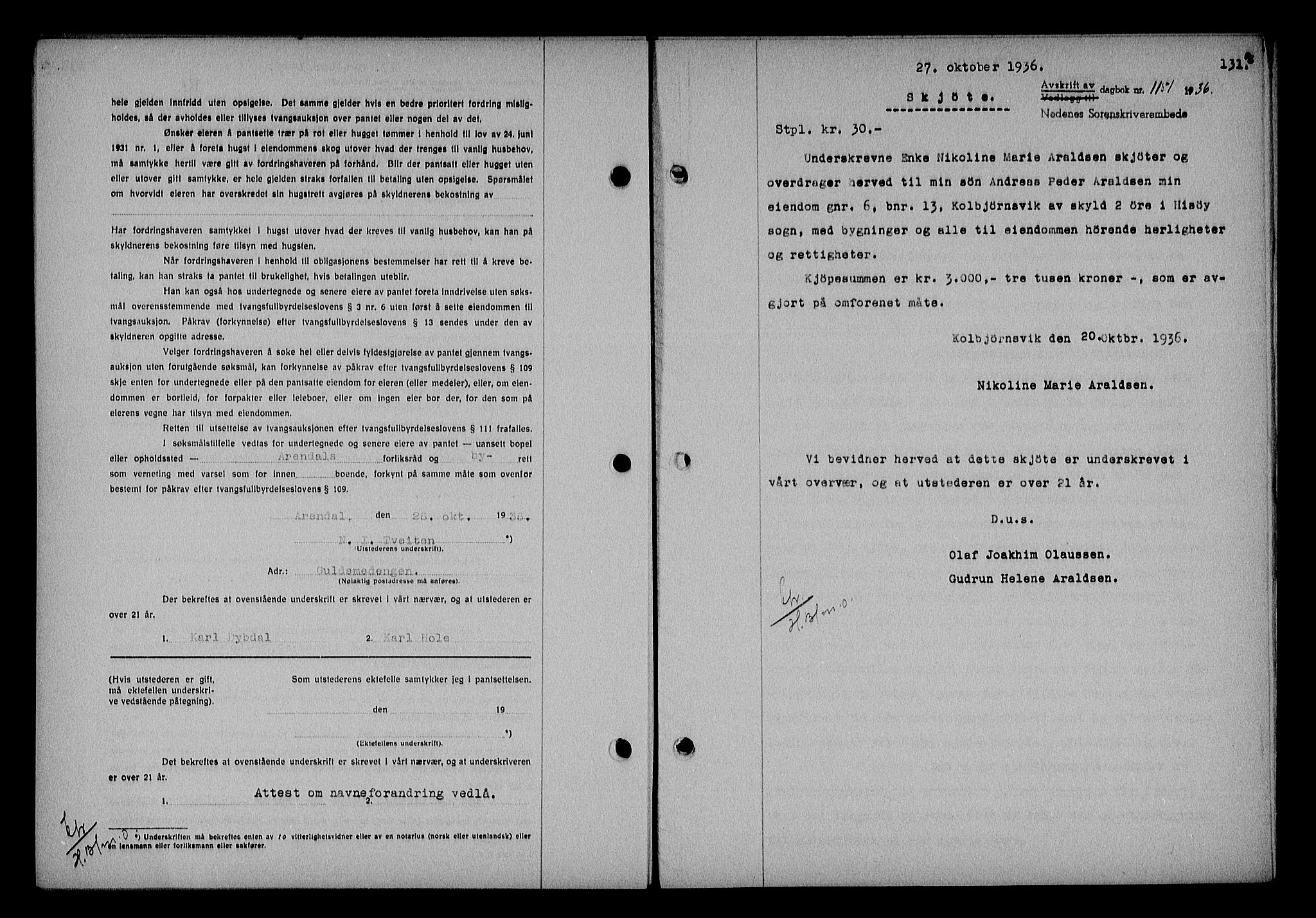 Nedenes sorenskriveri, AV/SAK-1221-0006/G/Gb/Gba/L0043: Mortgage book no. 39, 1936-1937, Diary no: : 1151/1936