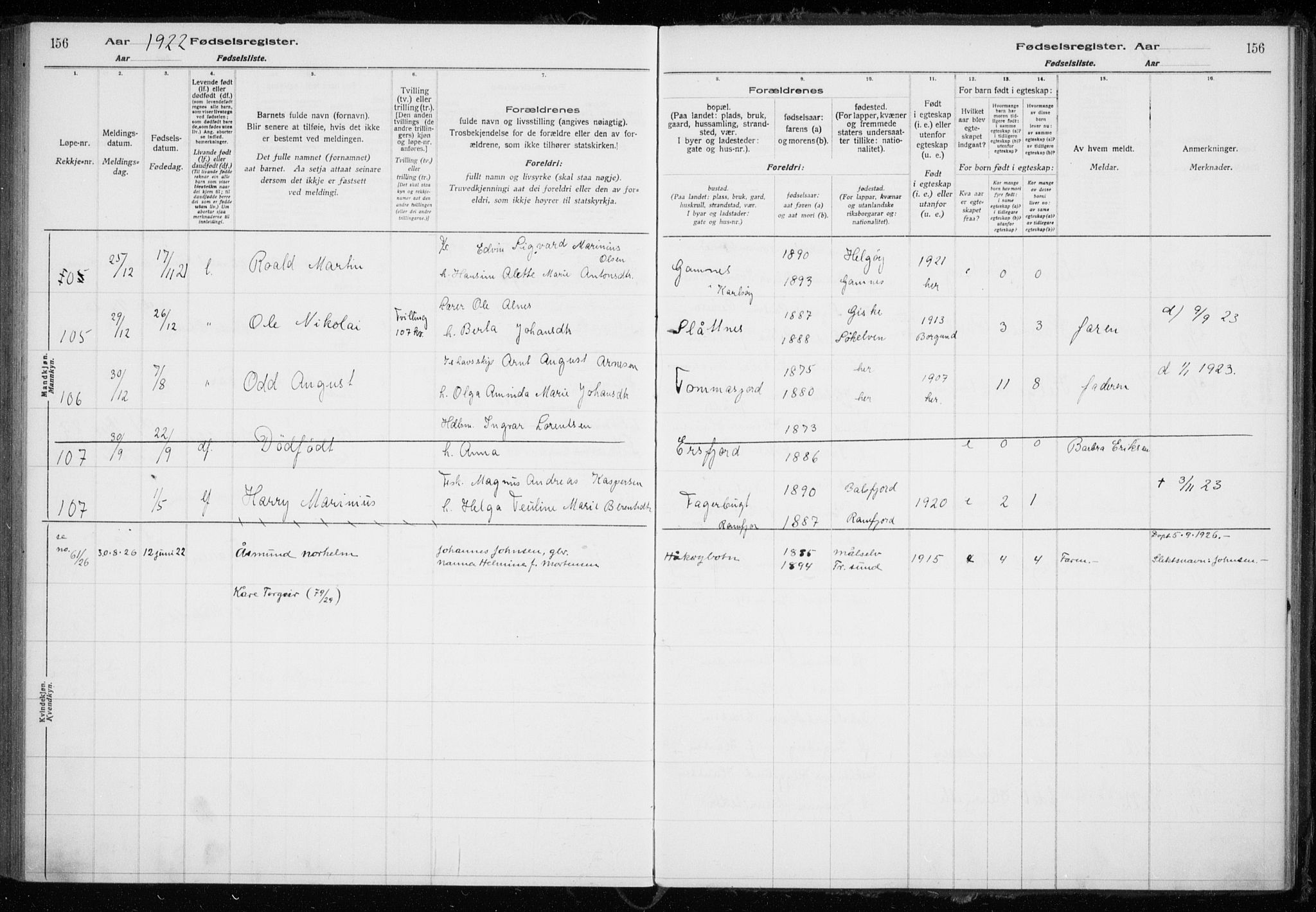Tromsøysund sokneprestkontor, AV/SATØ-S-1304/H/Ha/L0079: Birth register no. 79, 1916-1924, p. 156