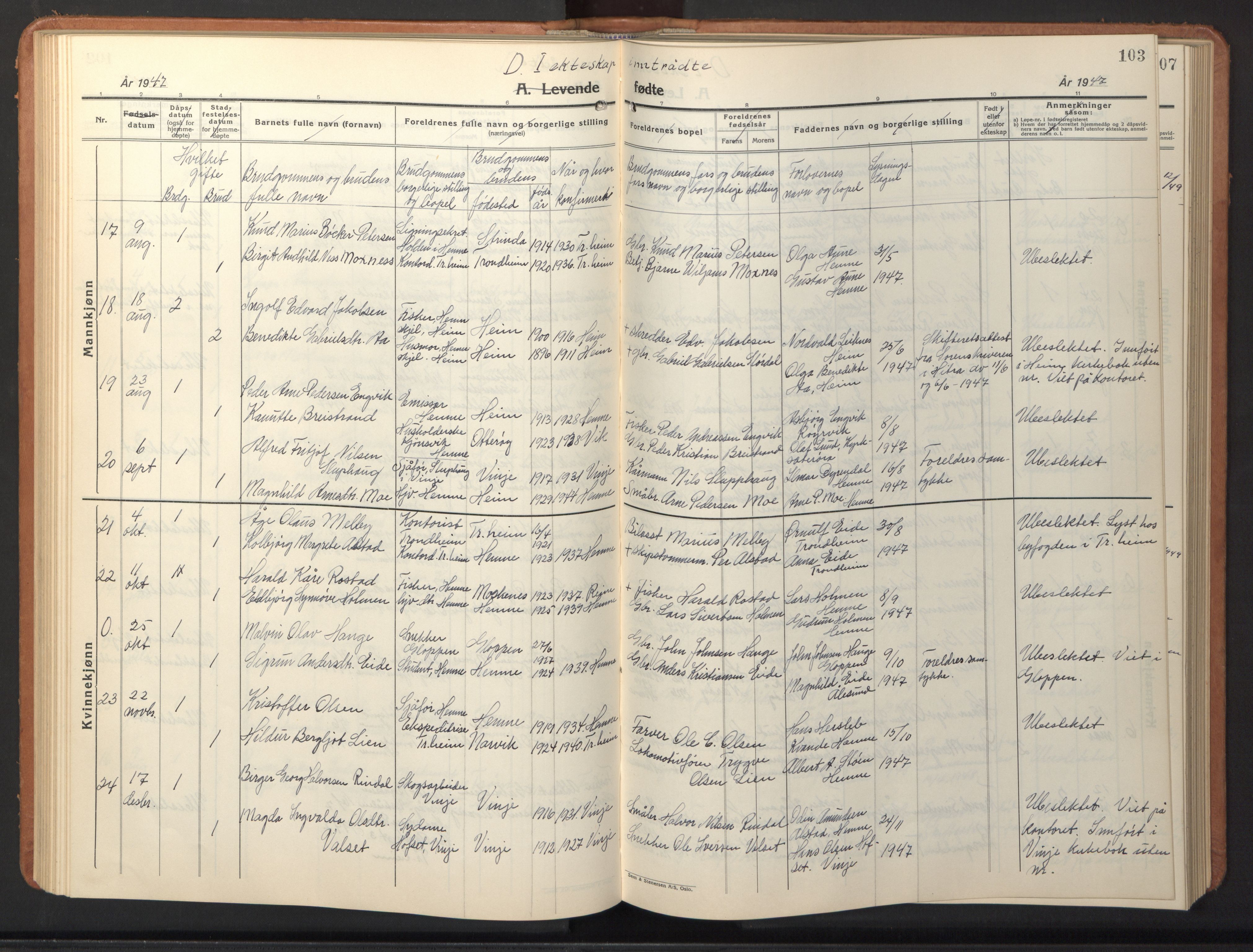Ministerialprotokoller, klokkerbøker og fødselsregistre - Sør-Trøndelag, SAT/A-1456/630/L0508: Parish register (copy) no. 630C06, 1933-1950, p. 103