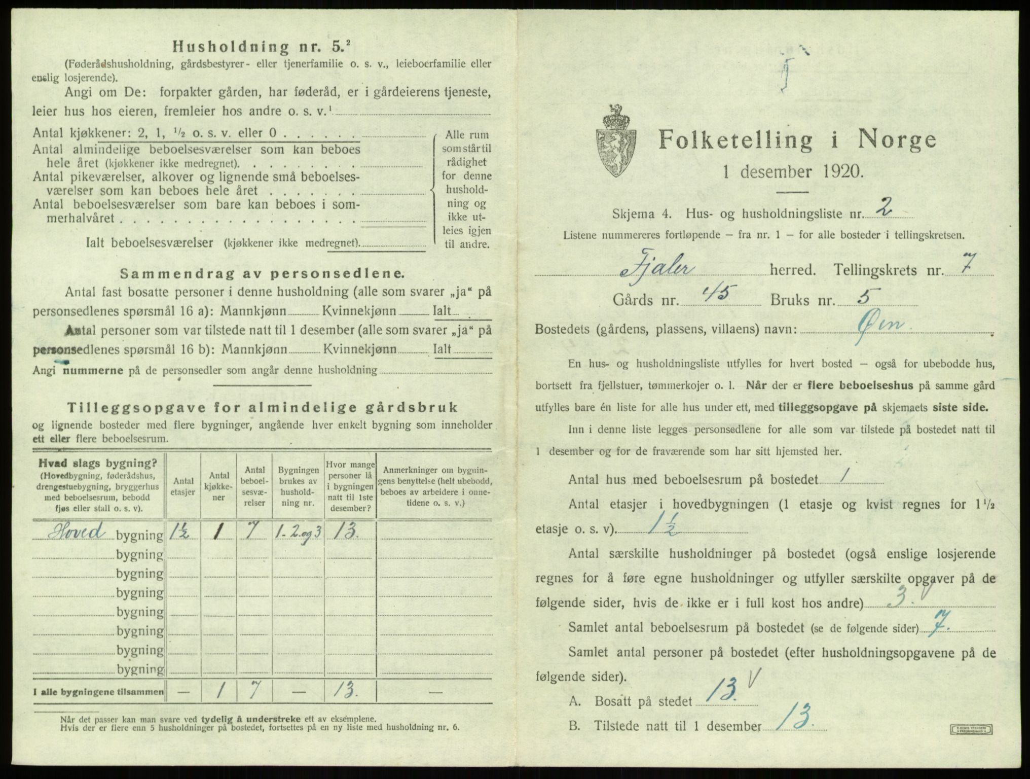 SAB, 1920 census for Fjaler, 1920, p. 572