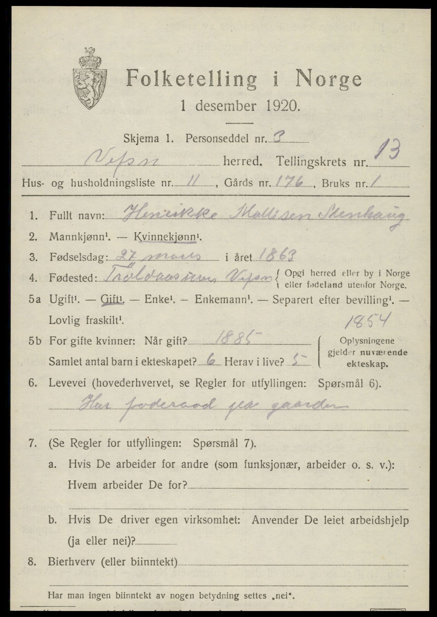 SAT, 1920 census for Vefsn, 1920, p. 10325