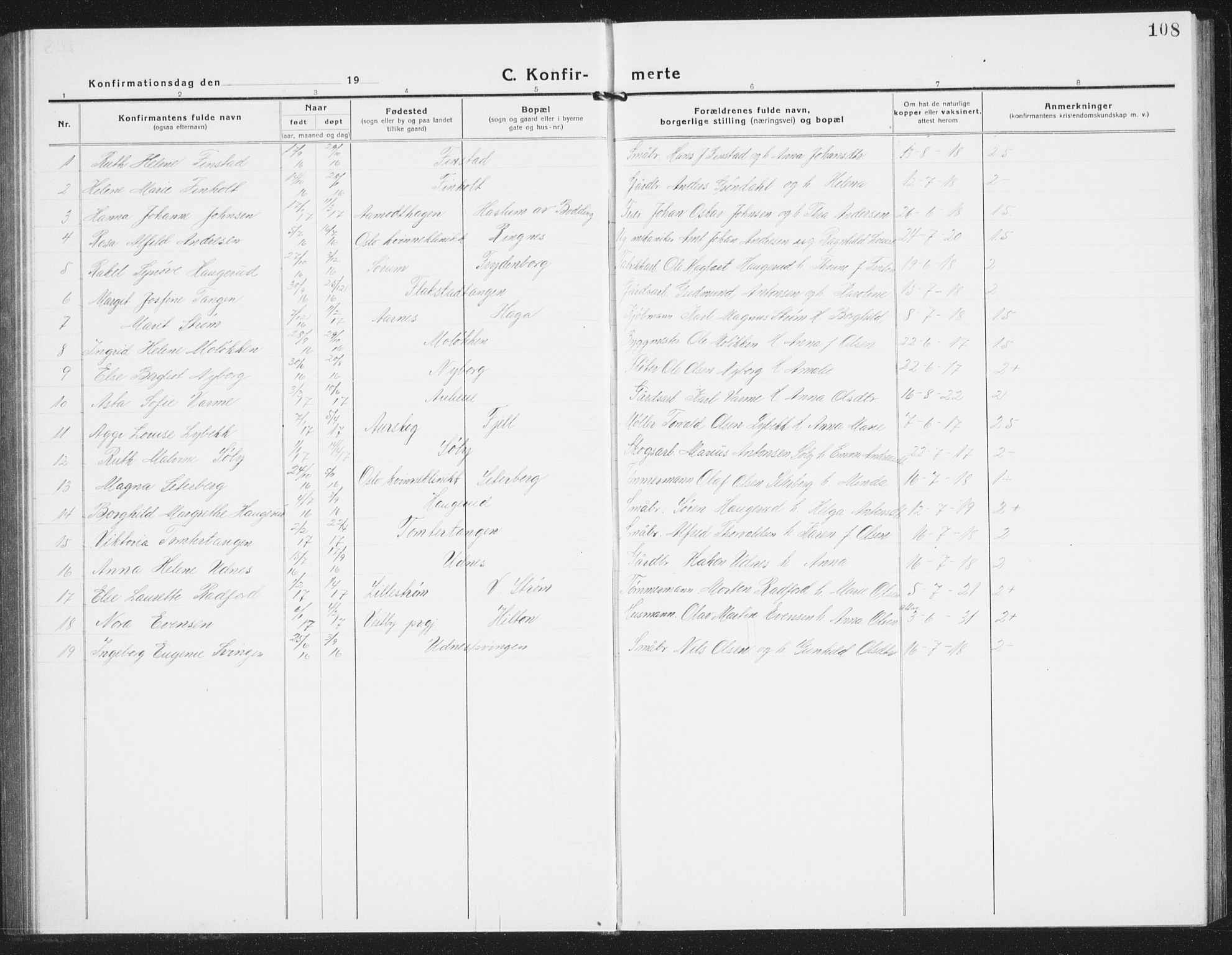 Nes prestekontor Kirkebøker, AV/SAO-A-10410/G/Gb/L0002: Parish register (copy) no. II 2, 1918-1942, p. 108