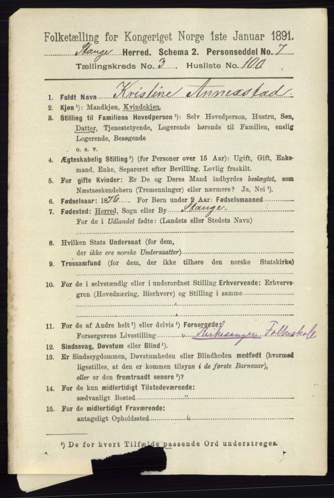 RA, 1891 census for 0417 Stange, 1891, p. 2220