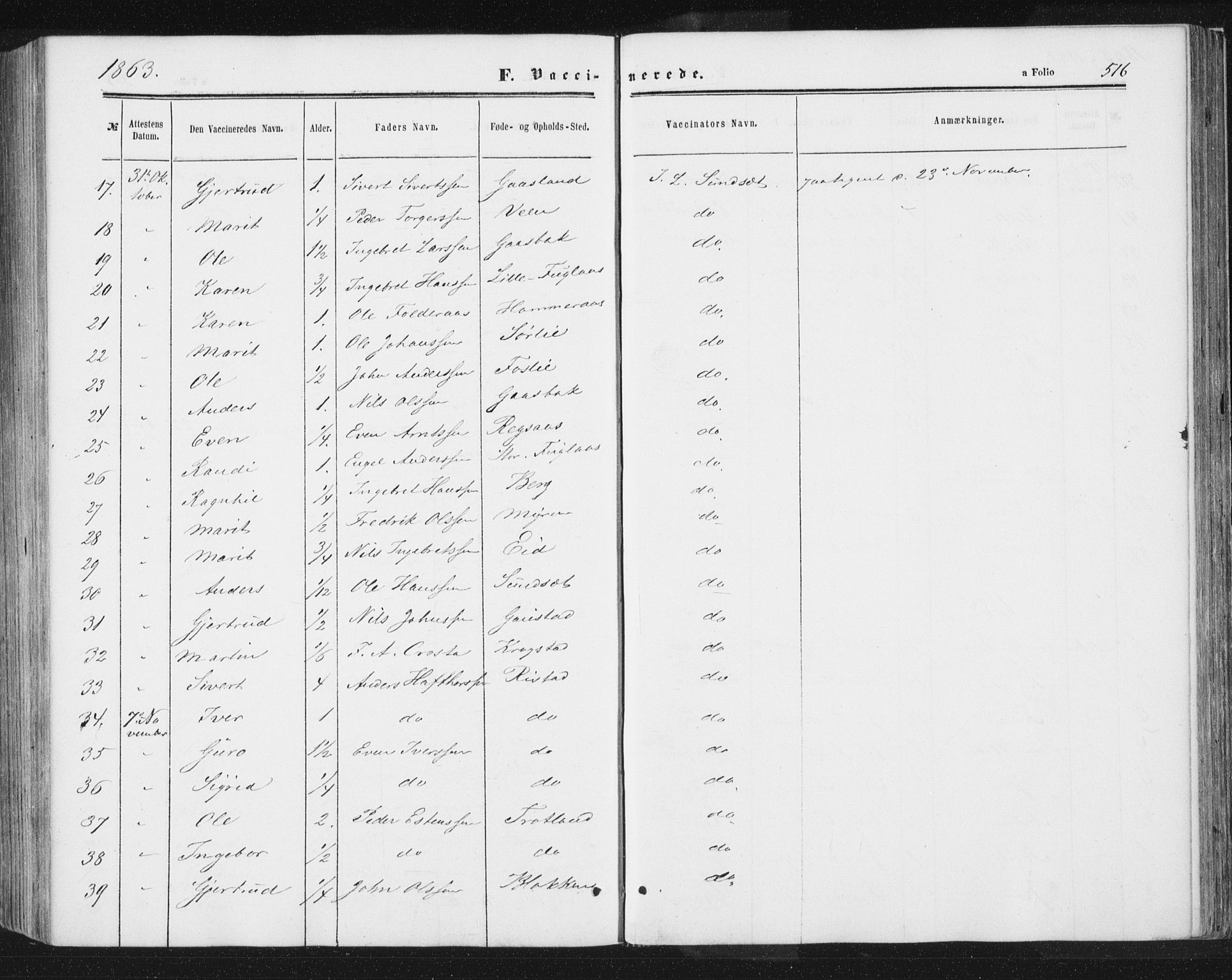 Ministerialprotokoller, klokkerbøker og fødselsregistre - Sør-Trøndelag, SAT/A-1456/691/L1077: Parish register (official) no. 691A09, 1862-1873, p. 516