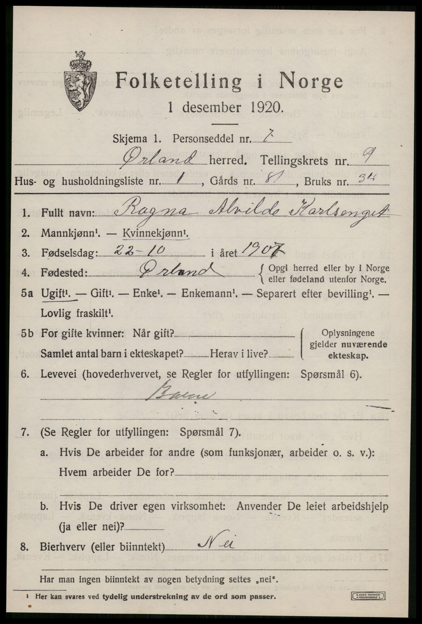 SAT, 1920 census for Ørland, 1920, p. 7847