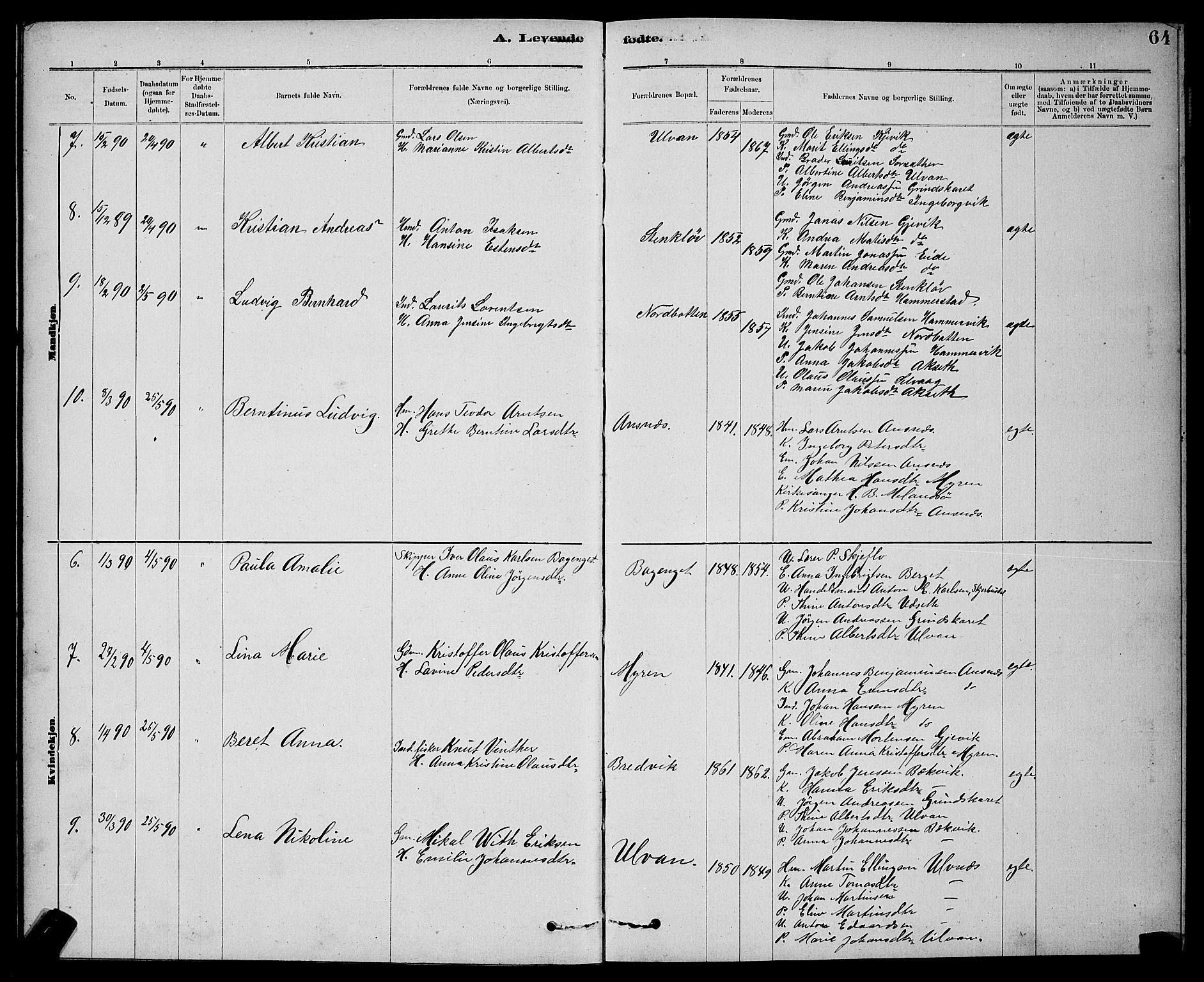 Ministerialprotokoller, klokkerbøker og fødselsregistre - Sør-Trøndelag, SAT/A-1456/637/L0562: Parish register (copy) no. 637C03, 1883-1898, p. 64