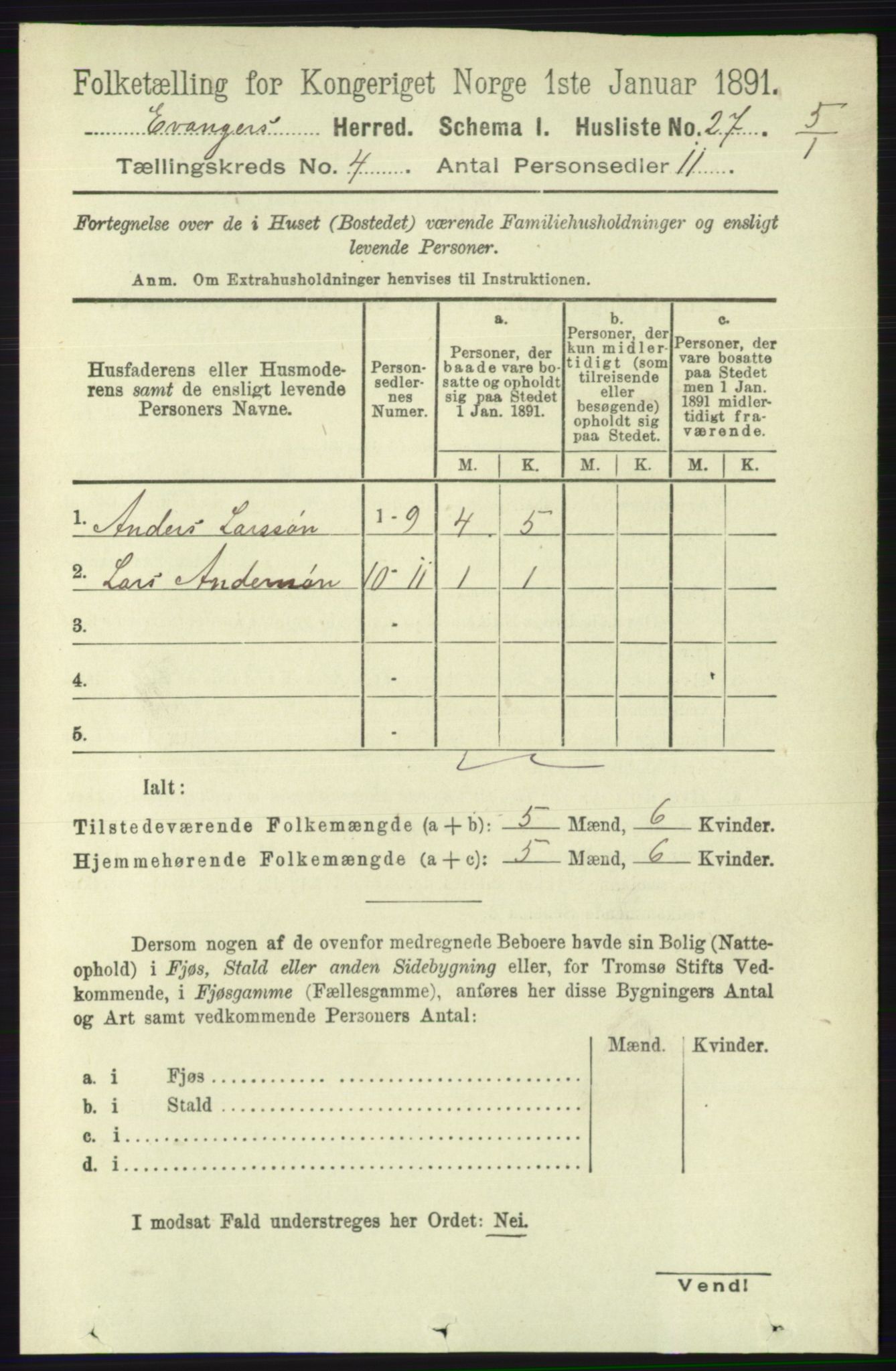 RA, 1891 census for 1237 Evanger, 1891, p. 1133