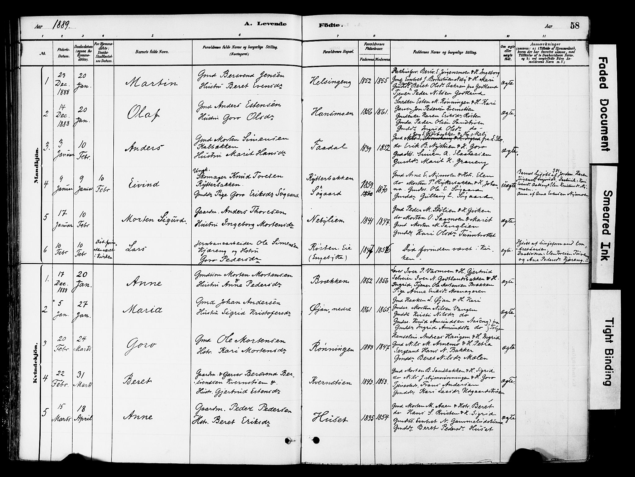 Tynset prestekontor, SAH/PREST-058/H/Ha/Haa/L0022: Parish register (official) no. 22, 1880-1899, p. 58