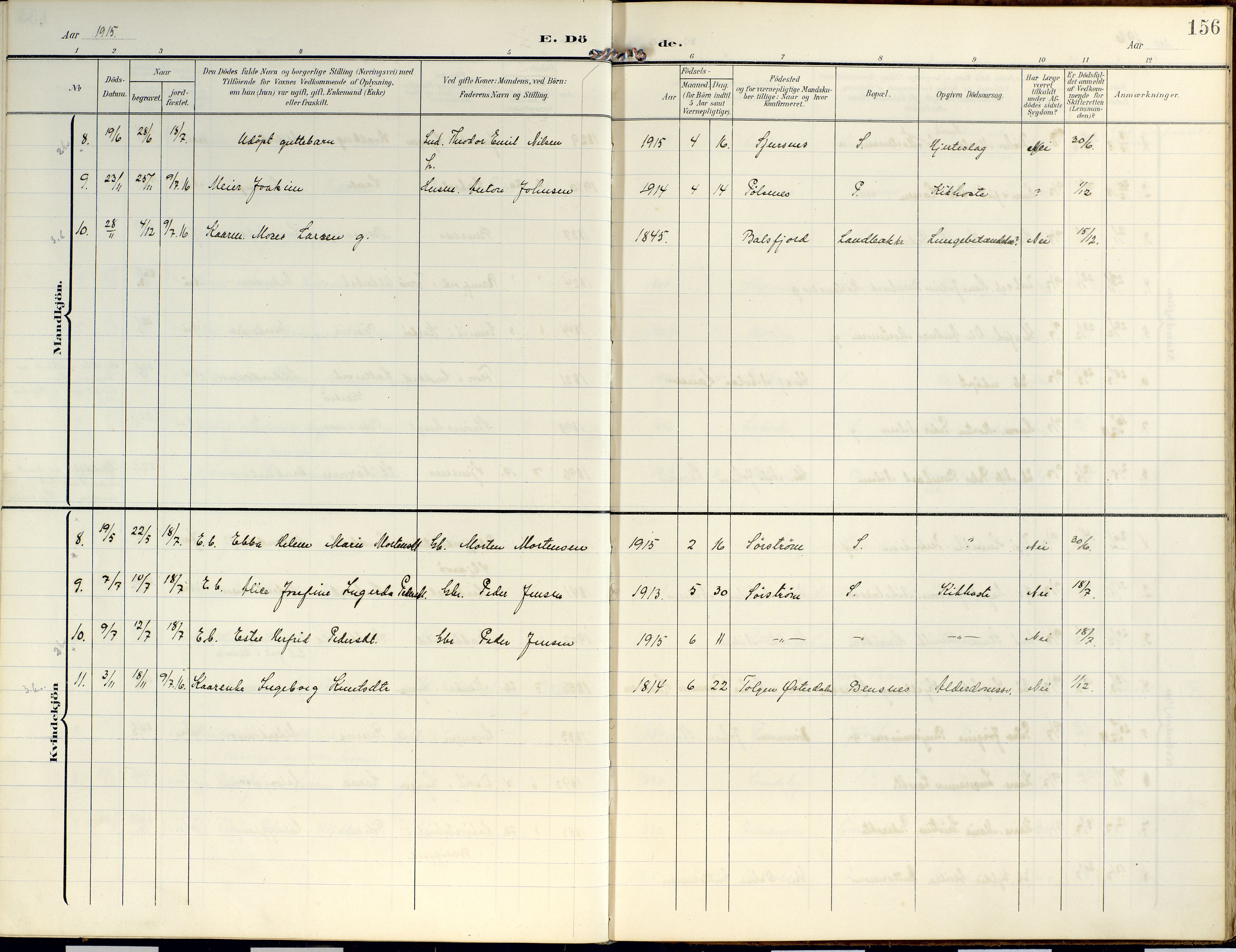 Lyngen sokneprestembete, AV/SATØ-S-1289/H/He/Hea/L0014kirke: Parish register (official) no. 14, 1905-1920, p. 156