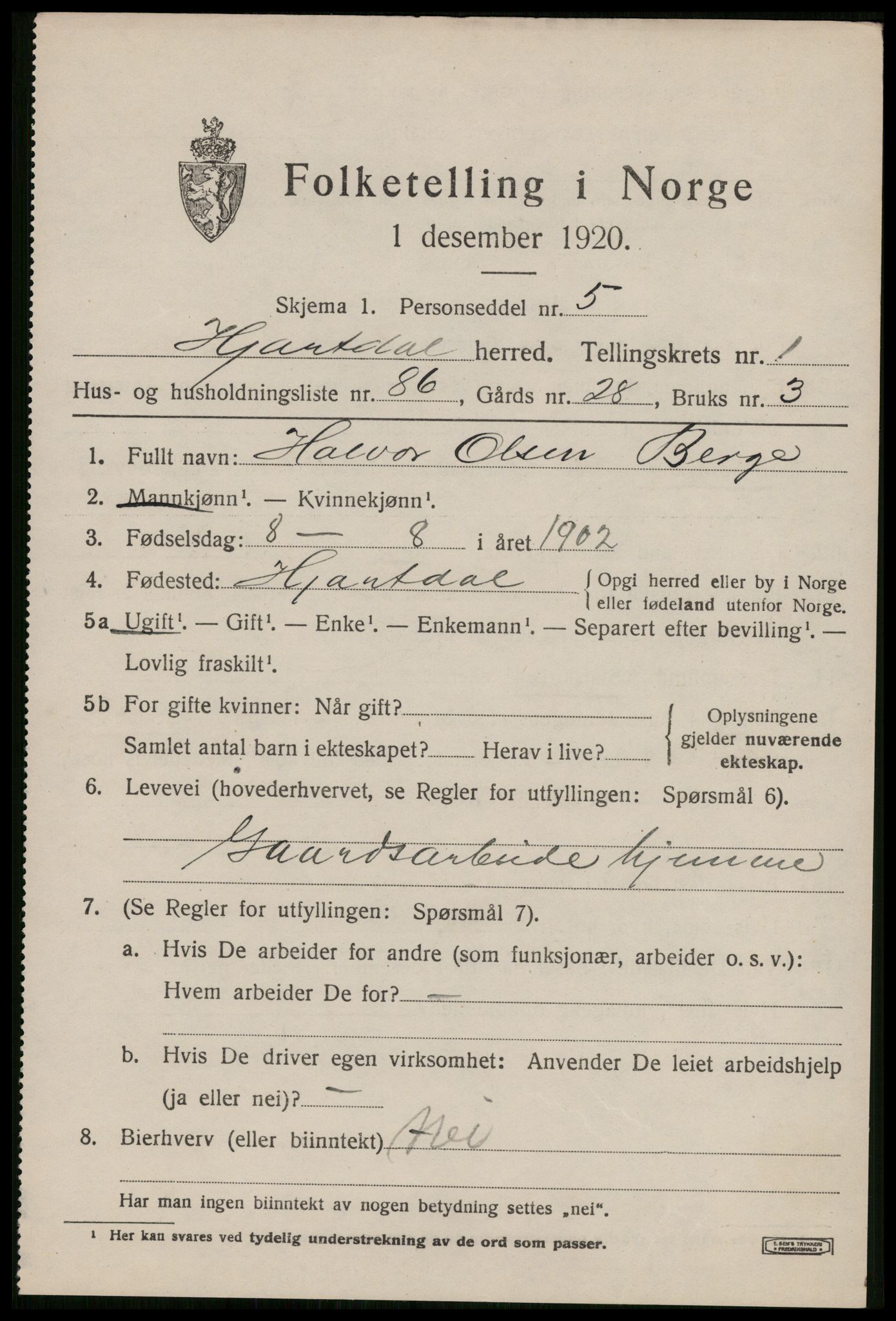 SAKO, 1920 census for Hjartdal, 1920, p. 1824