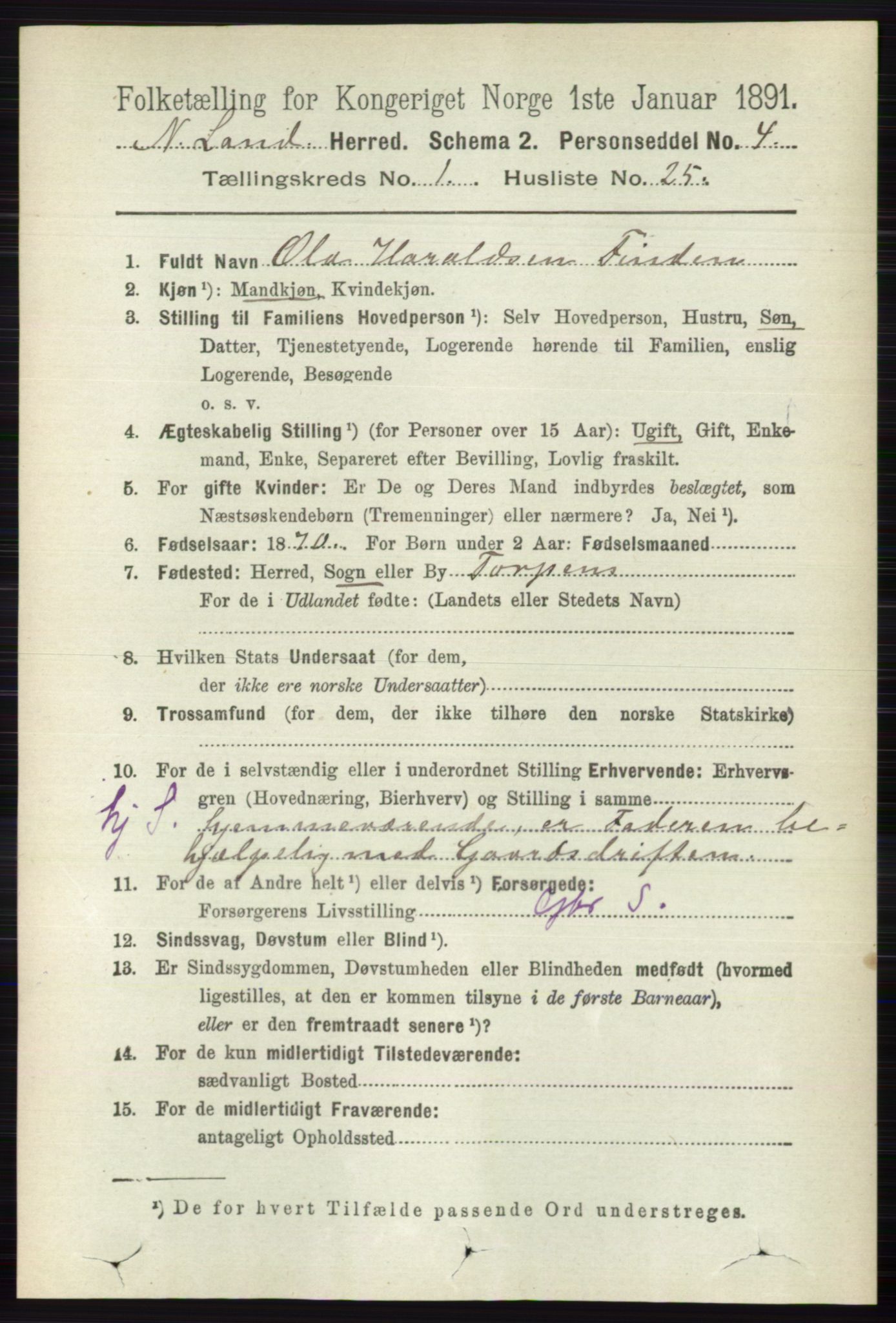 RA, 1891 census for 0538 Nordre Land, 1891, p. 273