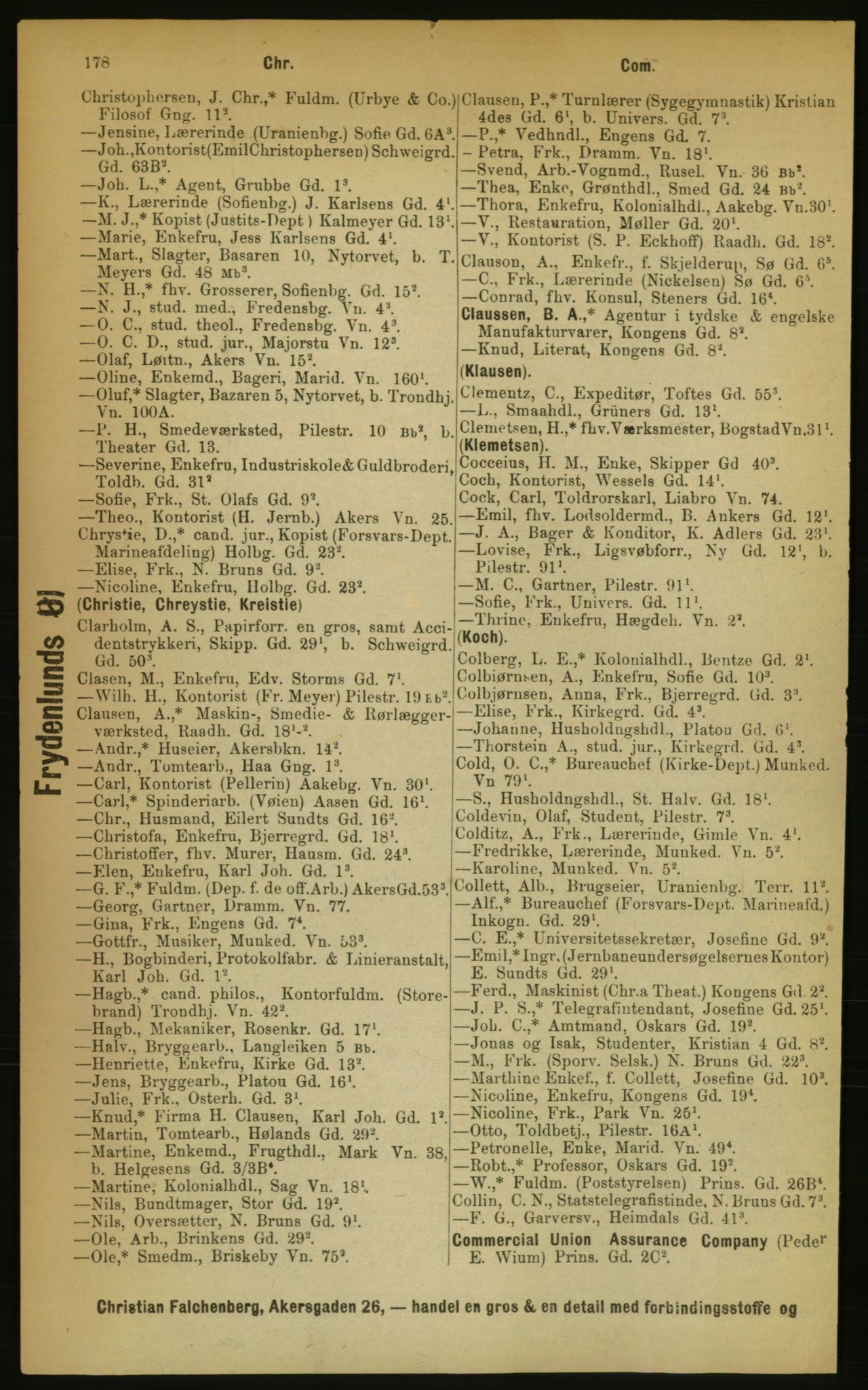 Kristiania/Oslo adressebok, PUBL/-, 1889, p. 178