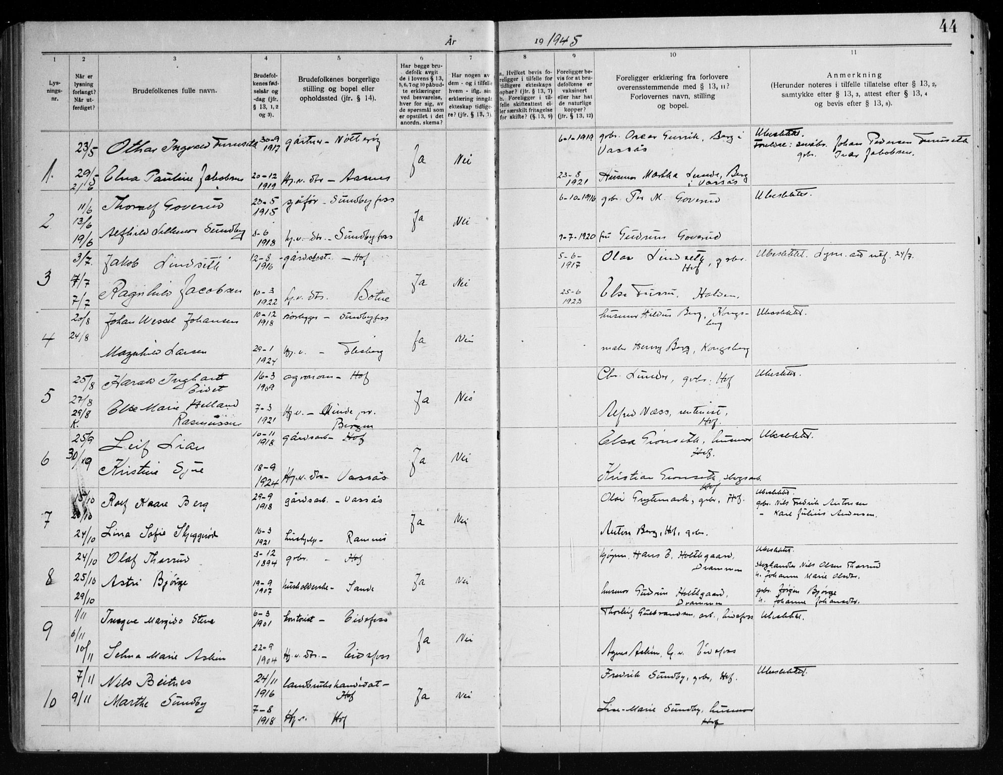 Hof kirkebøker, AV/SAKO-A-64/H/Ha/L0001: Banns register no. 1, 1919-1957, p. 44