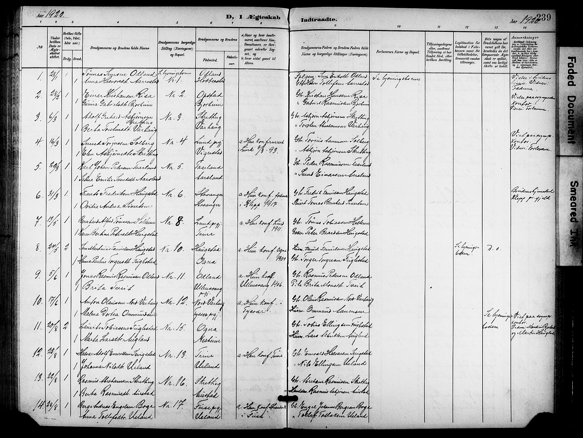 Hå sokneprestkontor, AV/SAST-A-101801/001/30BB/L0006: Parish register (copy) no. B 6, 1900-1924, p. 239