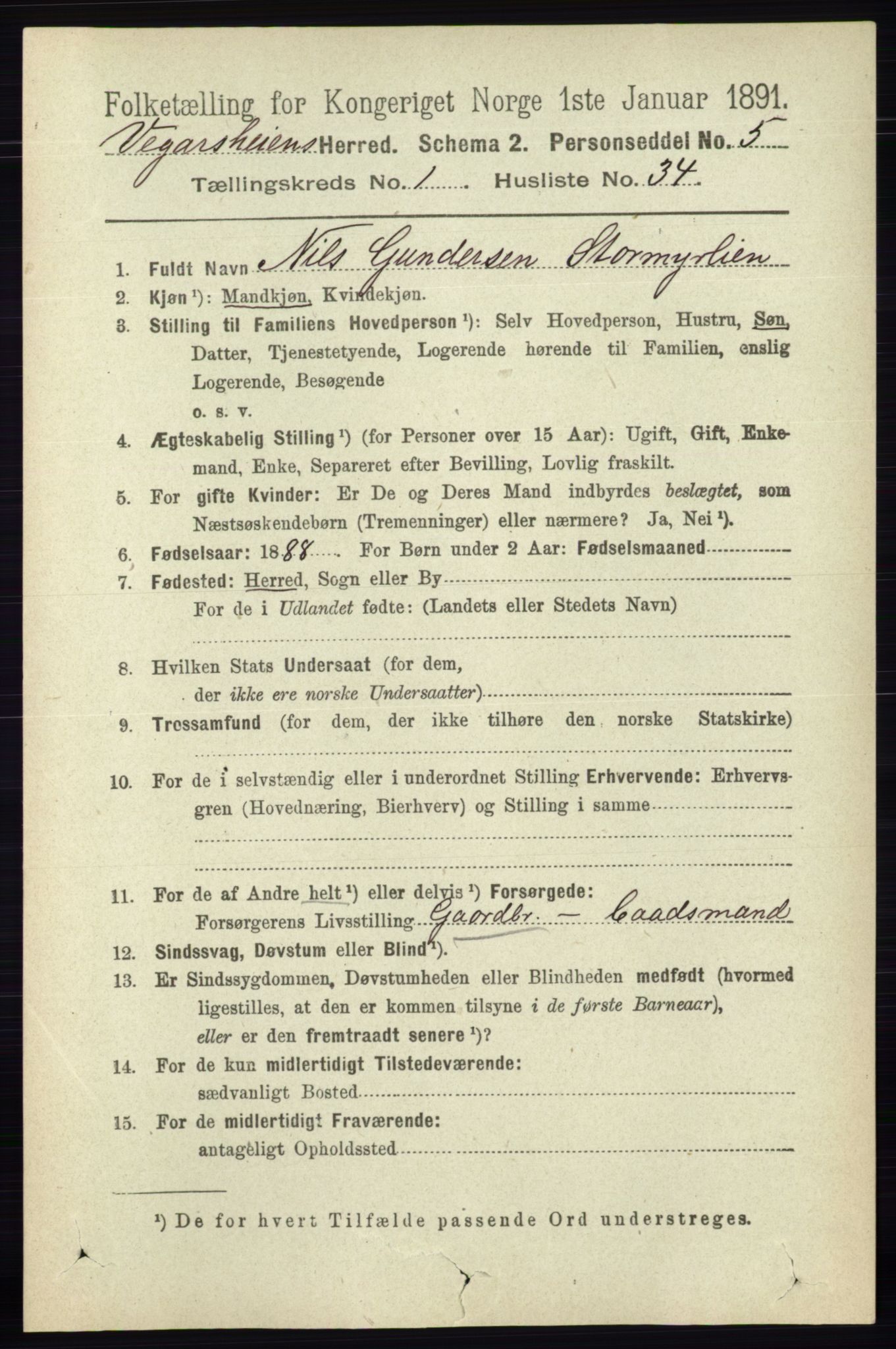 RA, 1891 census for 0912 Vegårshei, 1891, p. 315