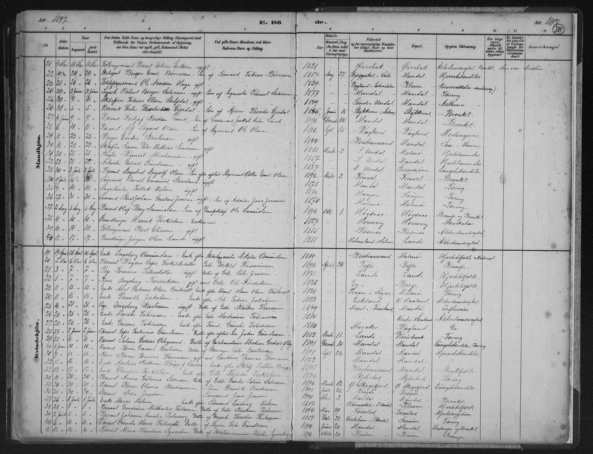 Mandal sokneprestkontor, AV/SAK-1111-0030/F/Fb/Fba/L0011: Parish register (copy) no. B 5, 1880-1898, p. 389