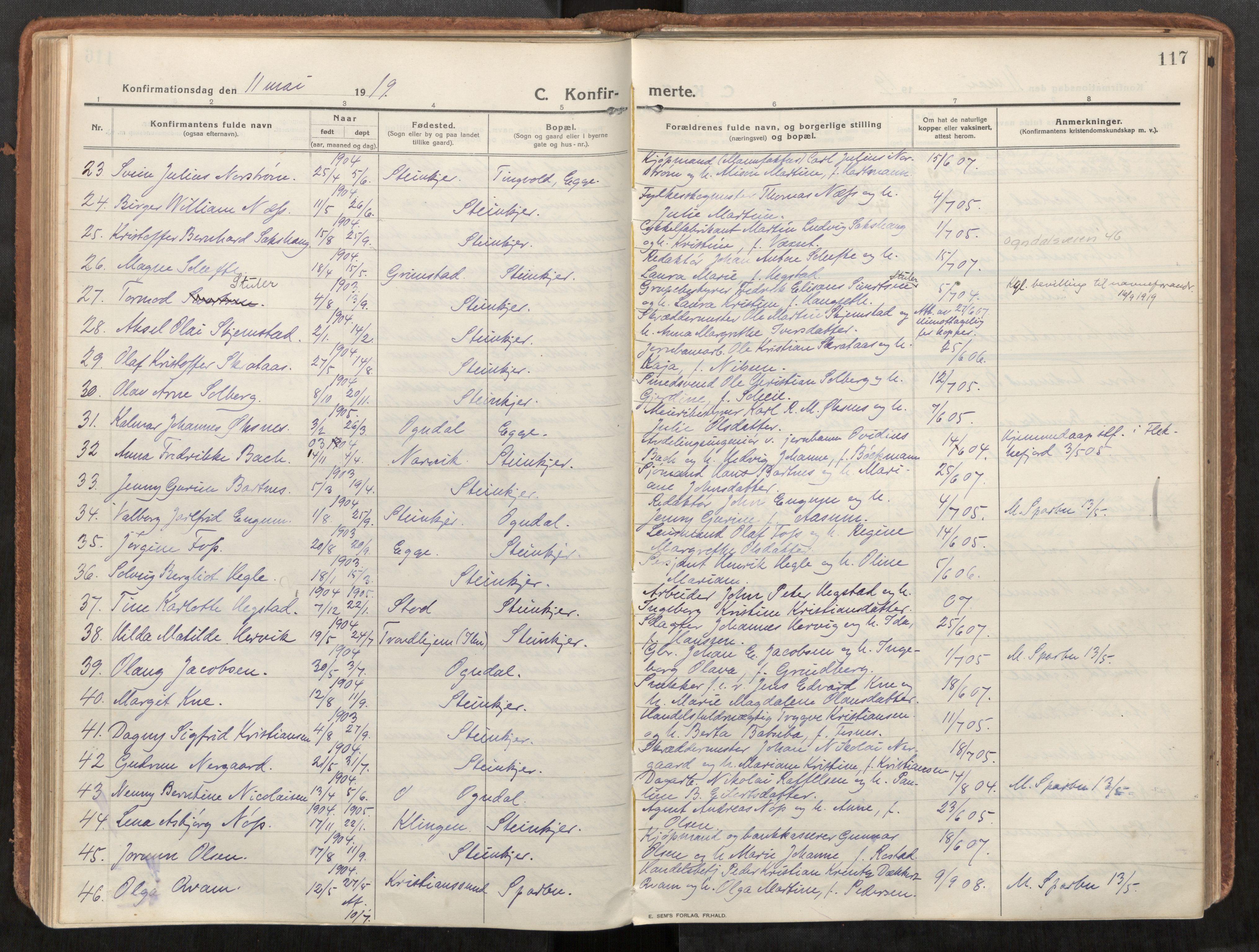 Steinkjer sokneprestkontor, AV/SAT-A-1541/01/H/Ha/Haa/L0003: Parish register (official) no. 3, 1913-1922, p. 117