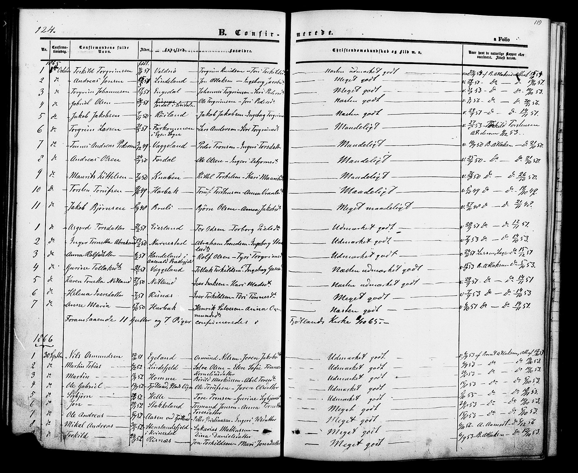 Fjotland sokneprestkontor, AV/SAK-1111-0010/F/Fa/L0001: Parish register (official) no. A 1, 1850-1879, p. 119