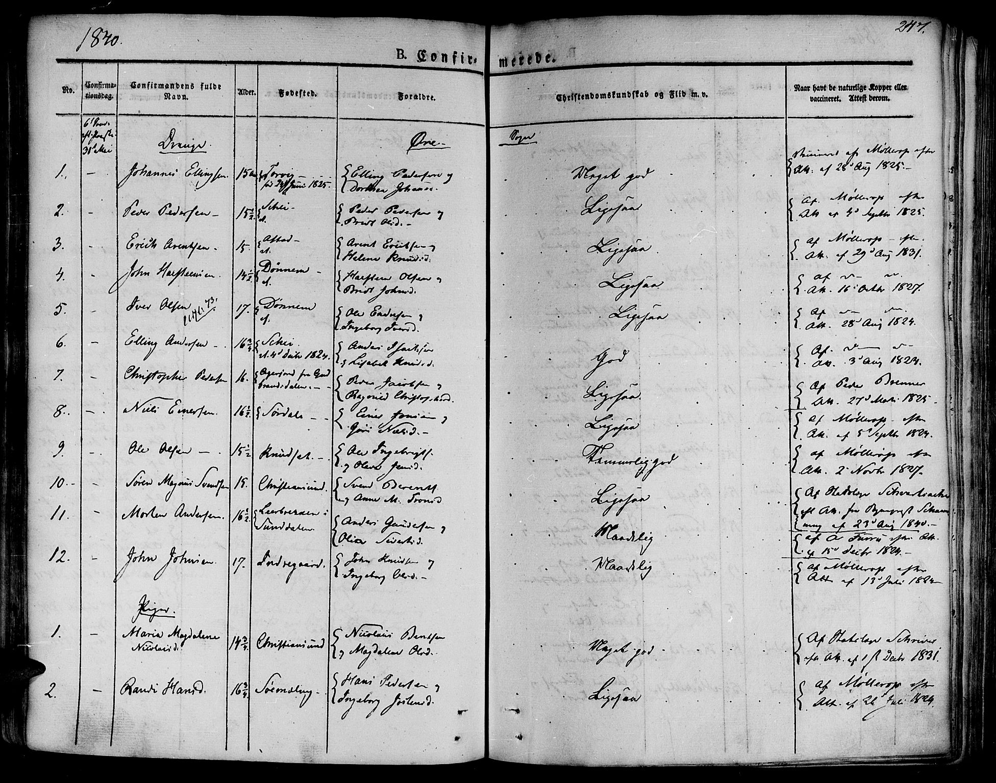 Ministerialprotokoller, klokkerbøker og fødselsregistre - Møre og Romsdal, SAT/A-1454/586/L0983: Parish register (official) no. 586A09, 1829-1843, p. 247