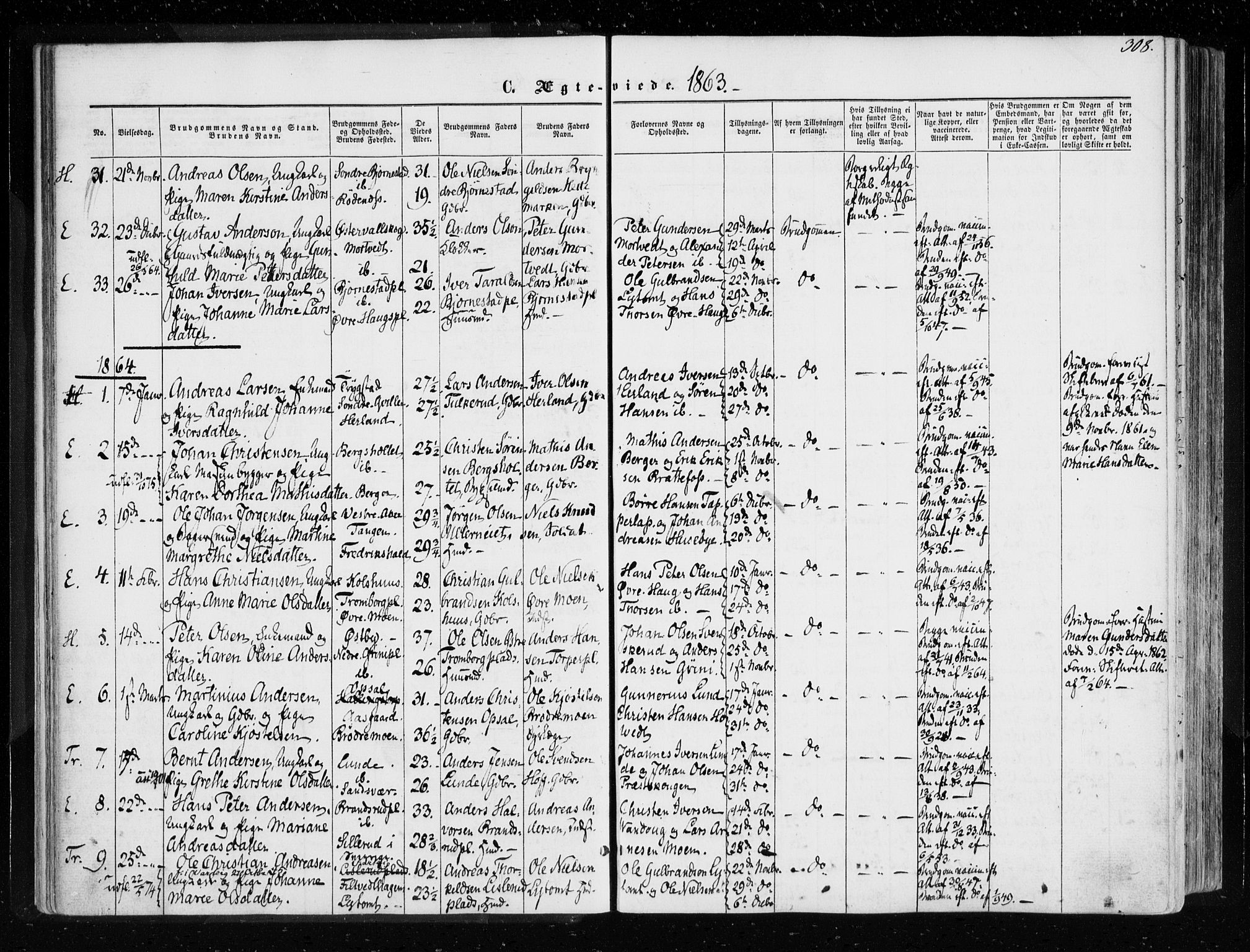 Eidsberg prestekontor Kirkebøker, SAO/A-10905/F/Fa/L0010.b: Parish register (official) no. I 10B, 1857-1866, p. 308
