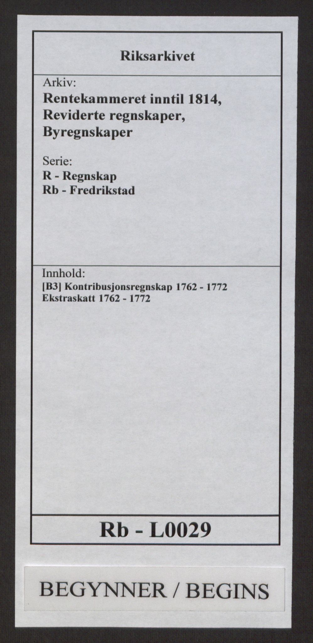 Rentekammeret inntil 1814, Reviderte regnskaper, Byregnskaper, RA/EA-4066/R/Rb/L0029/0001: [B3] Kontribusjonsregnskap / Ekstraskatt, 1762-1772, p. 1