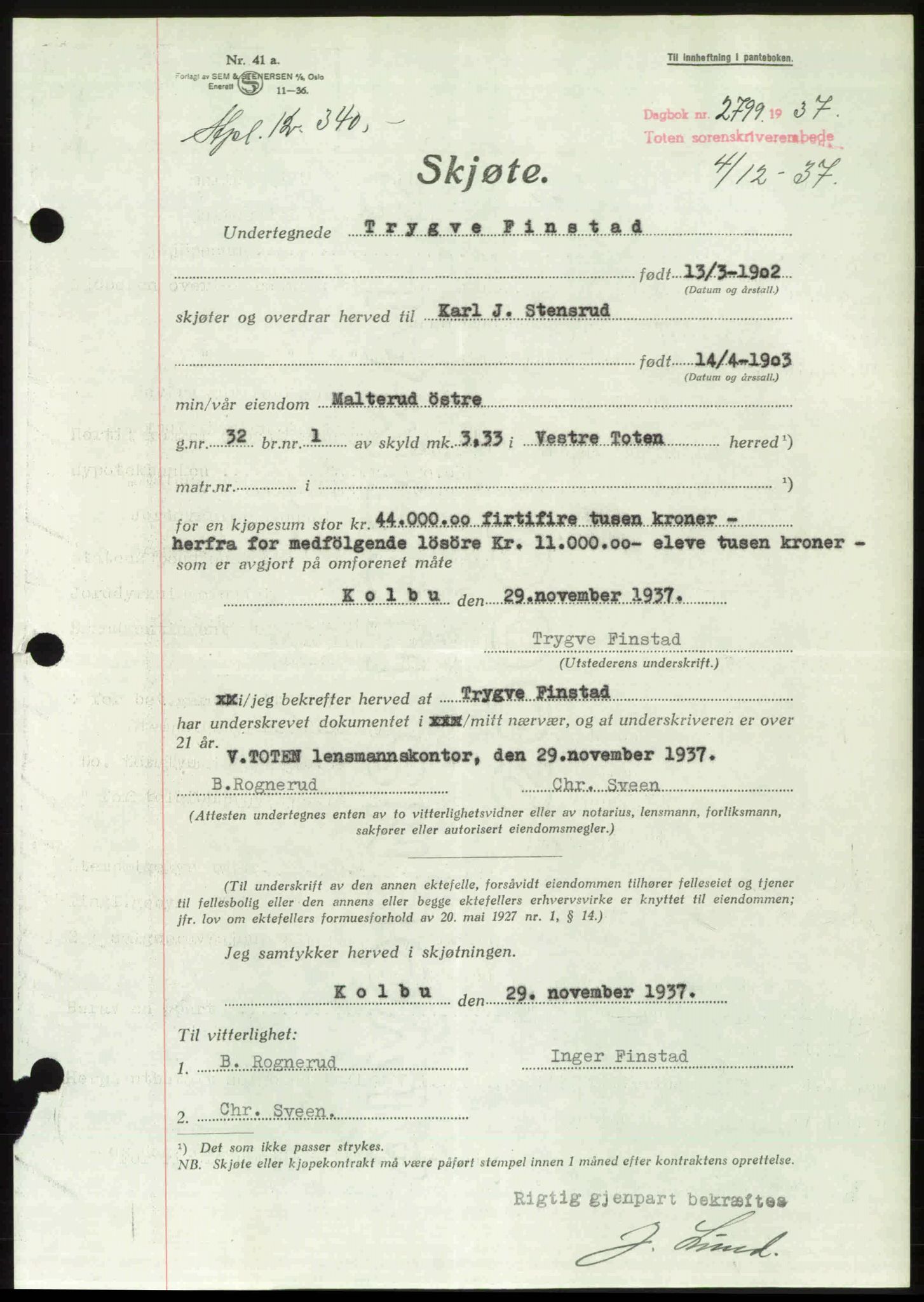 Toten tingrett, SAH/TING-006/H/Hb/Hbc/L0003: Mortgage book no. Hbc-03, 1937-1938, Diary no: : 2799/1937