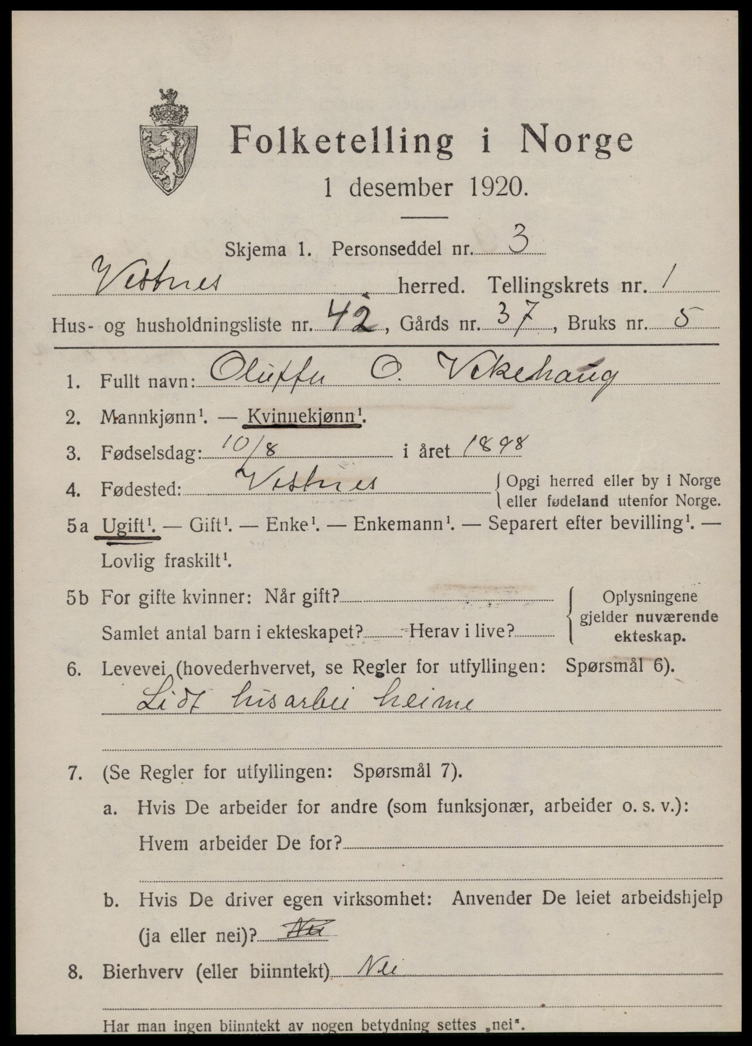 SAT, 1920 census for Vestnes, 1920, p. 1723