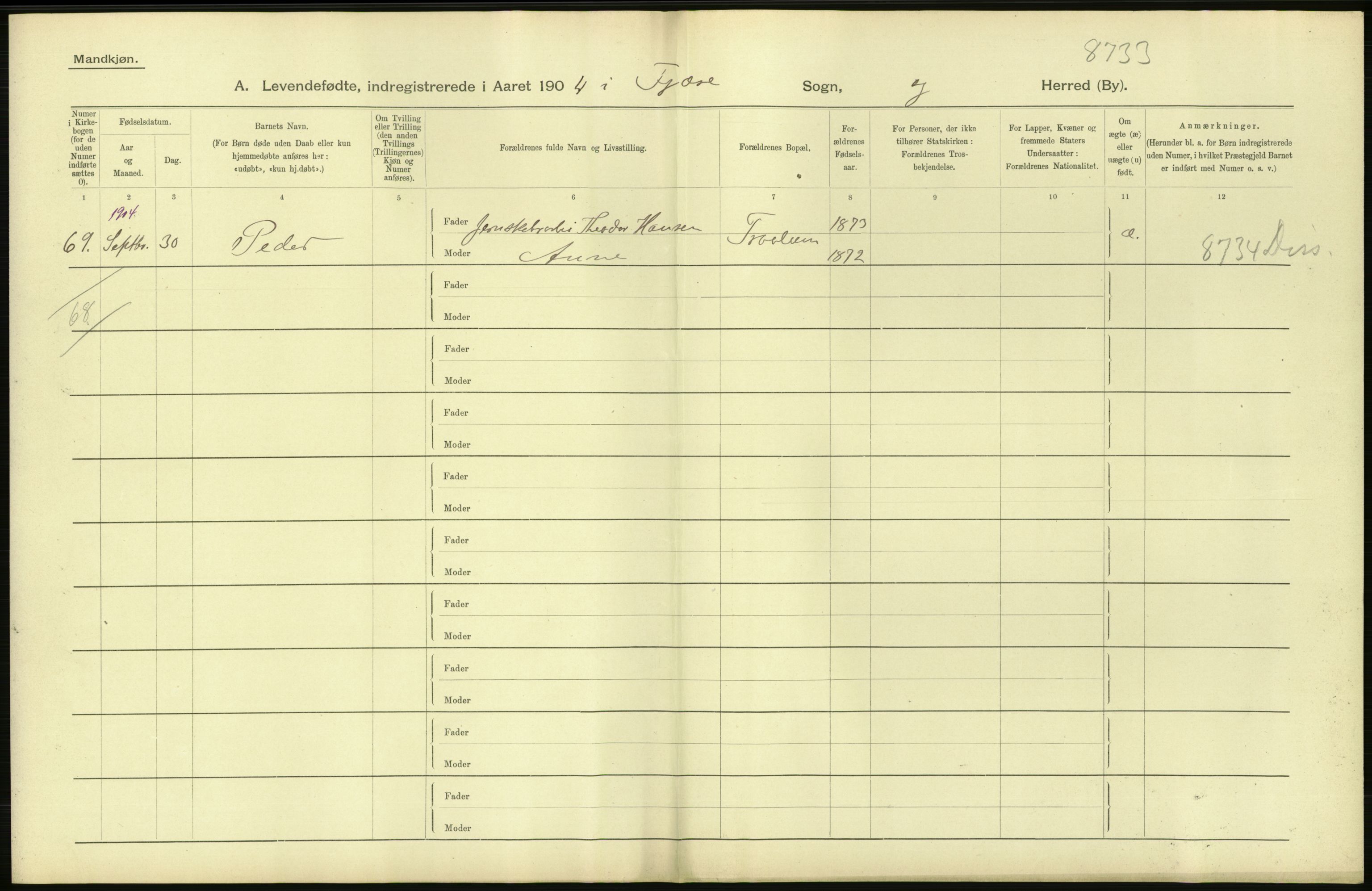 Statistisk sentralbyrå, Sosiodemografiske emner, Befolkning, AV/RA-S-2228/D/Df/Dfa/Dfab/L0010: Nedenes amt: Fødte, gifte, døde, 1904, p. 44