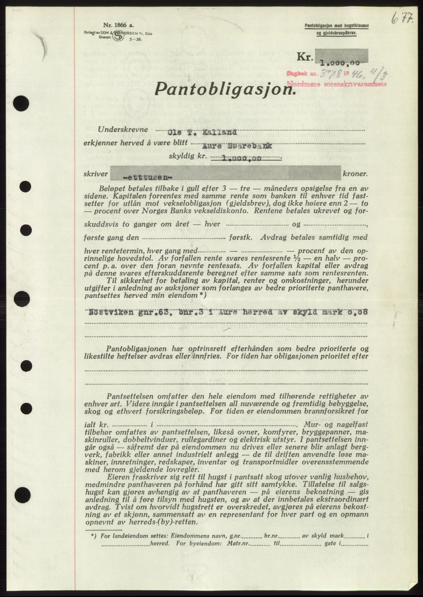 Nordmøre sorenskriveri, AV/SAT-A-4132/1/2/2Ca: Mortgage book no. B93b, 1946-1946, Diary no: : 378/1946