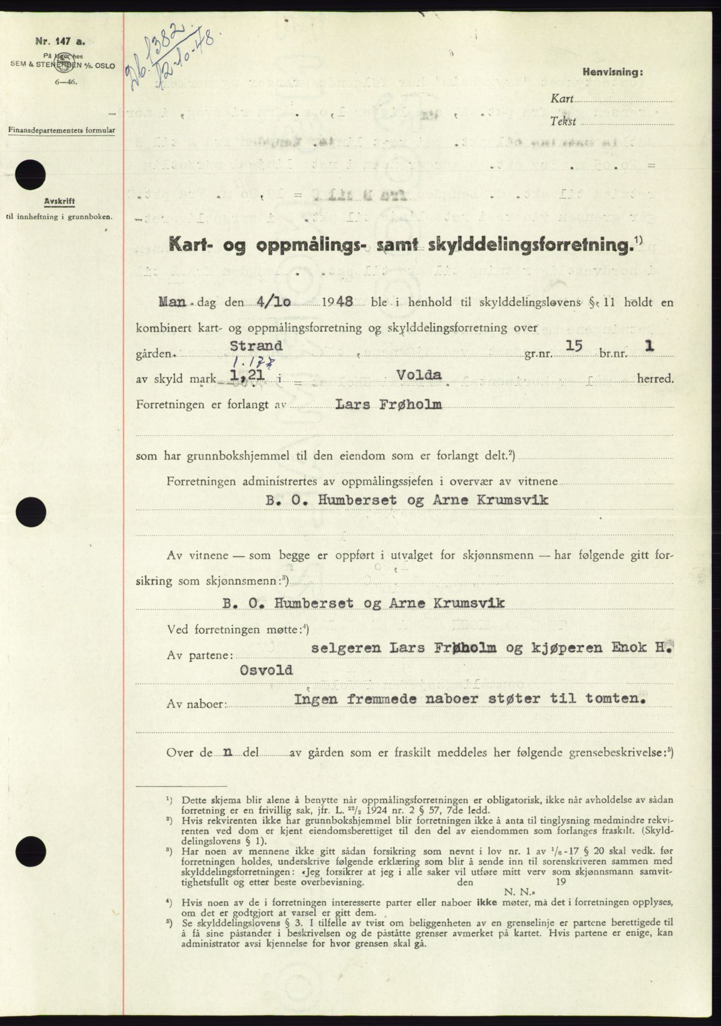 Søre Sunnmøre sorenskriveri, AV/SAT-A-4122/1/2/2C/L0083: Mortgage book no. 9A, 1948-1949, Diary no: : 1382/1948