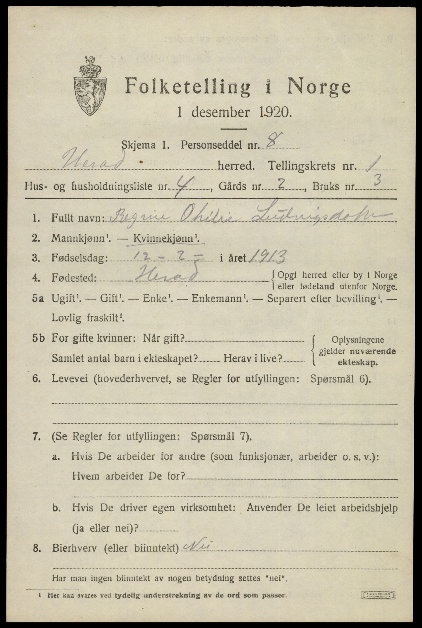 SAK, 1920 census for Herad, 1920, p. 476