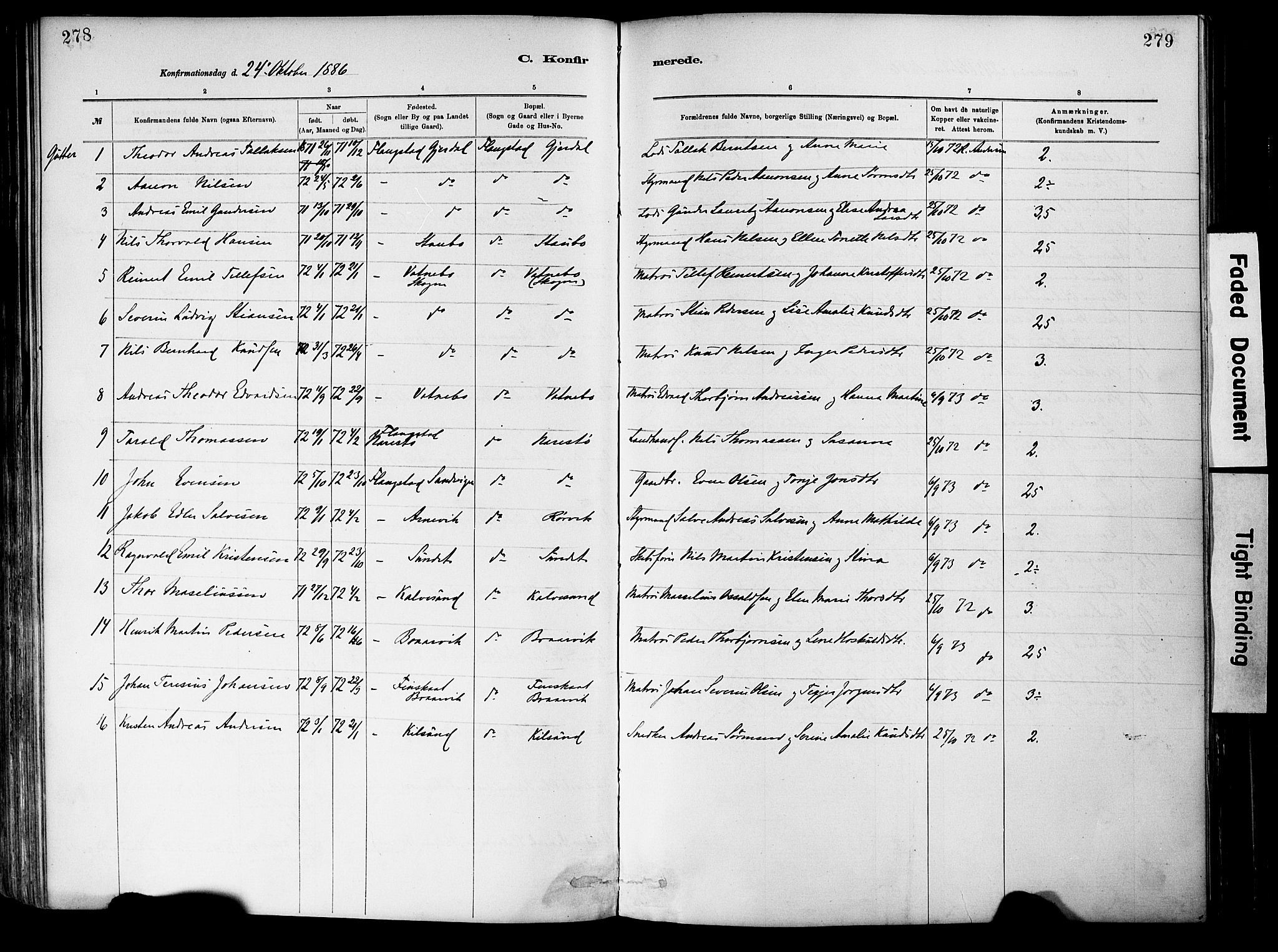 Dypvåg sokneprestkontor, SAK/1111-0007/F/Fa/Fab/L0001: Parish register (official) no. A 1, 1885-1912, p. 278-279