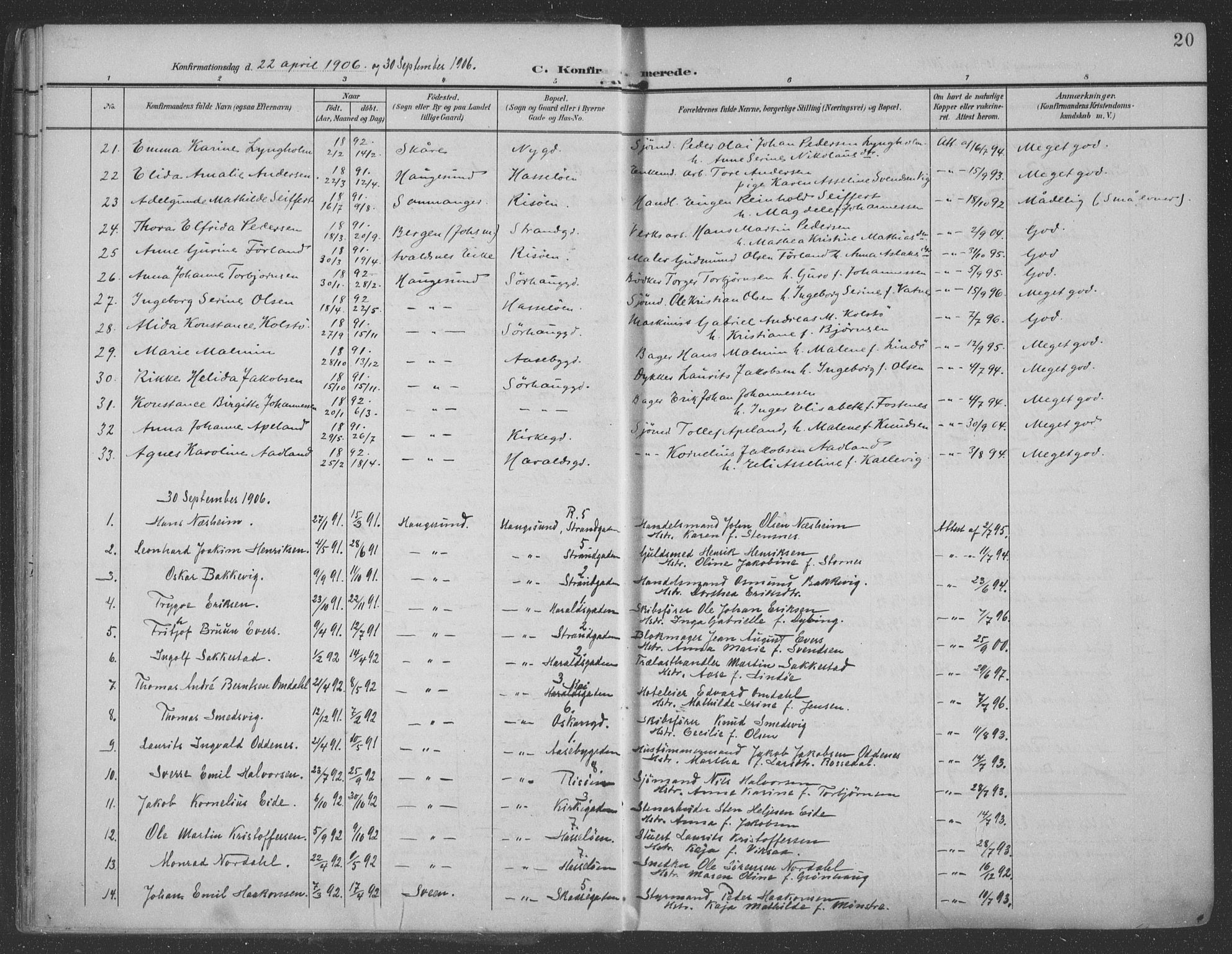 Haugesund sokneprestkontor, AV/SAST-A -101863/H/Ha/Haa/L0007: Parish register (official) no. A 7, 1904-1916, p. 20