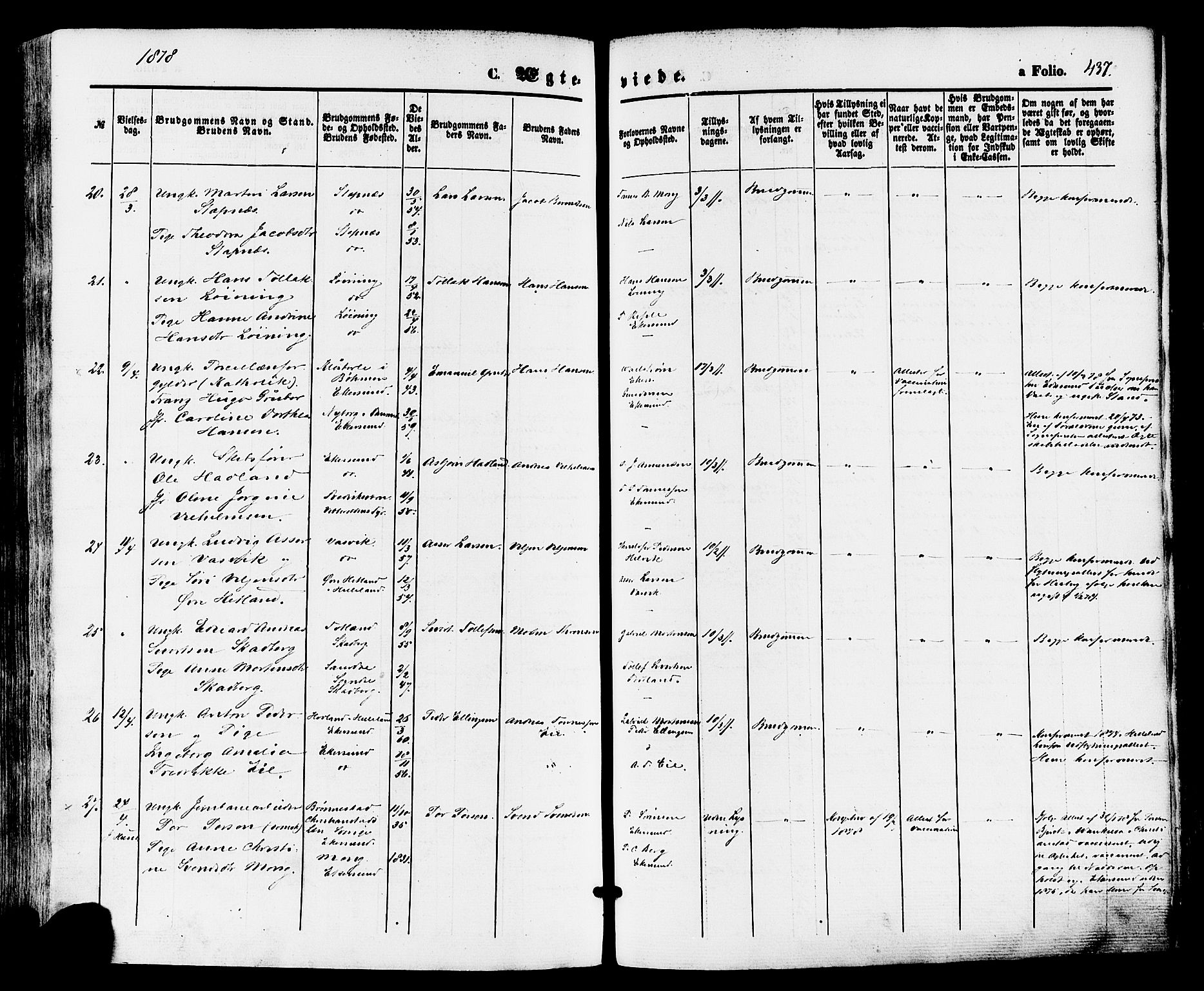 Eigersund sokneprestkontor, AV/SAST-A-101807/S08/L0014: Parish register (official) no. A 13, 1866-1878, p. 437