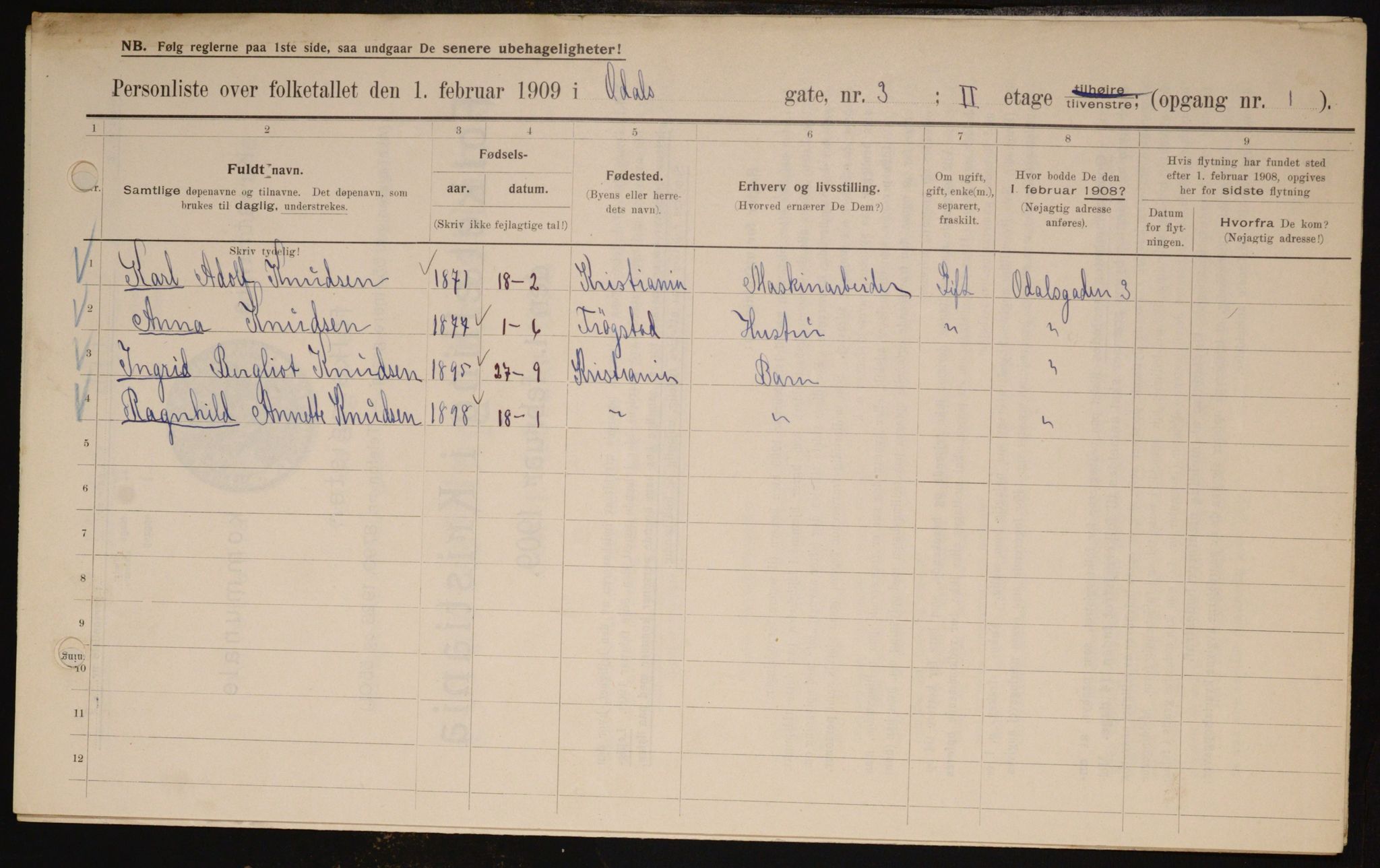 OBA, Municipal Census 1909 for Kristiania, 1909, p. 67397