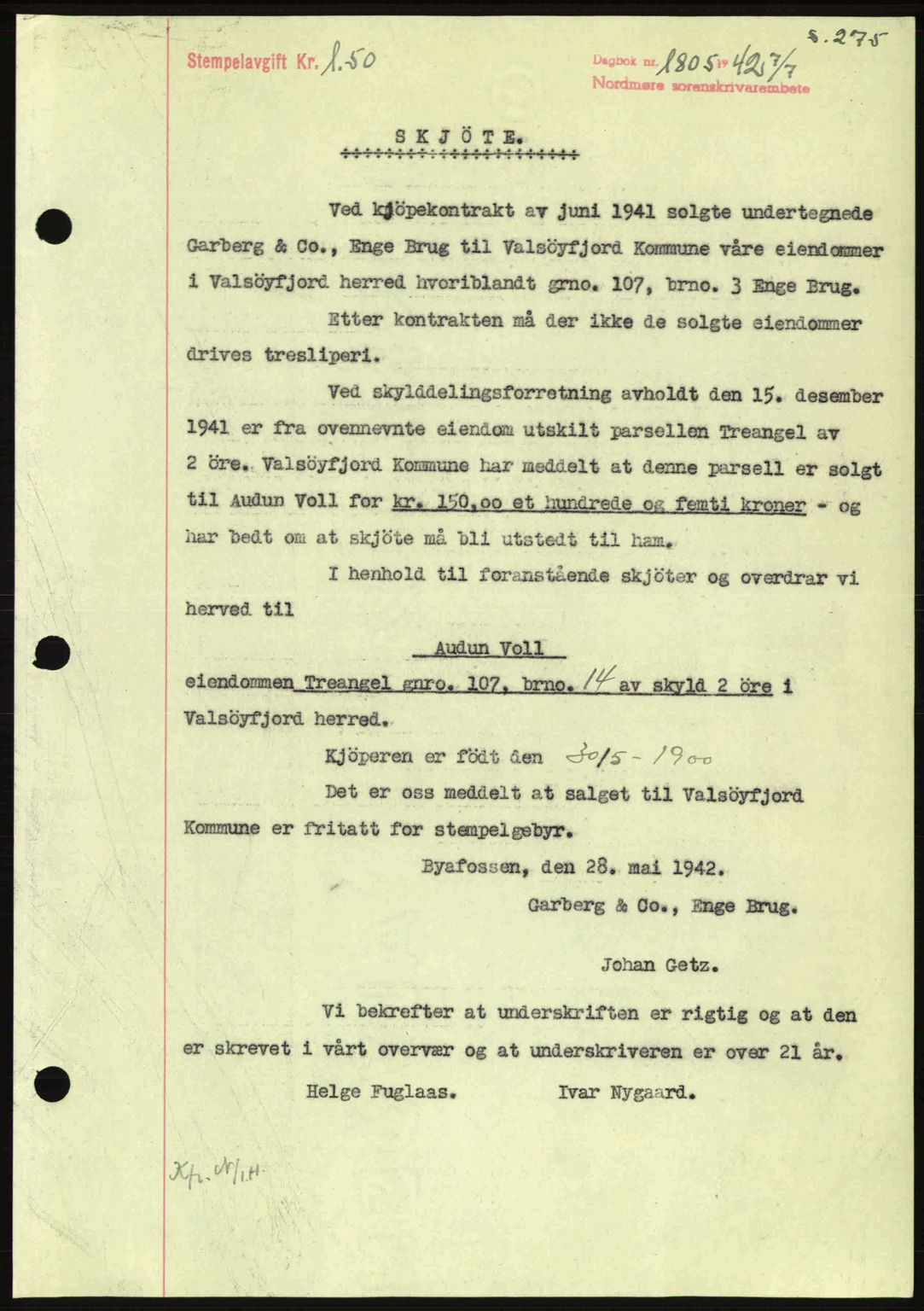 Nordmøre sorenskriveri, AV/SAT-A-4132/1/2/2Ca: Mortgage book no. A93, 1942-1942, Diary no: : 1805/1942