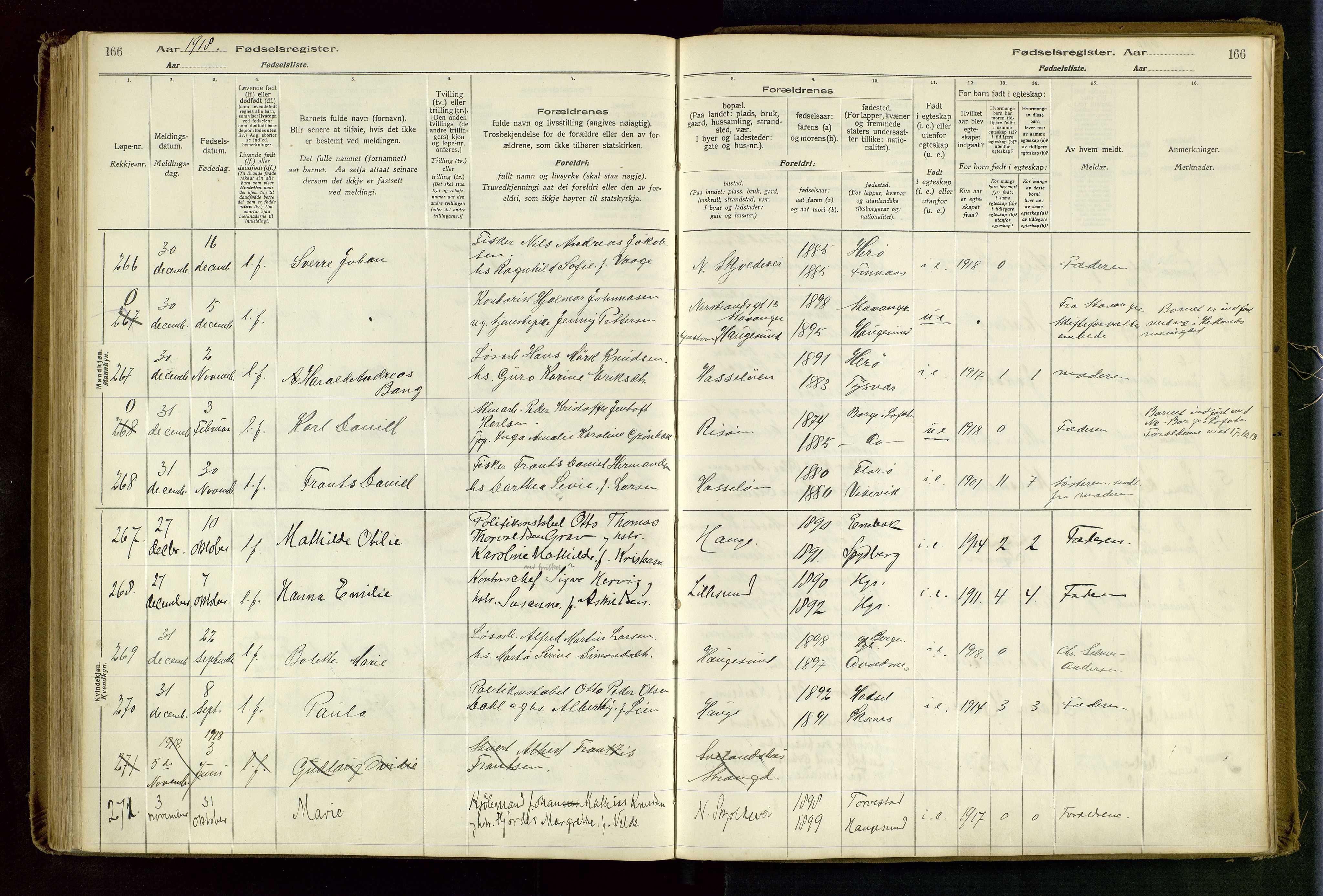 Haugesund sokneprestkontor, AV/SAST-A -101863/I/Id/L0003: Birth register no. 1, 1916-1919, p. 166