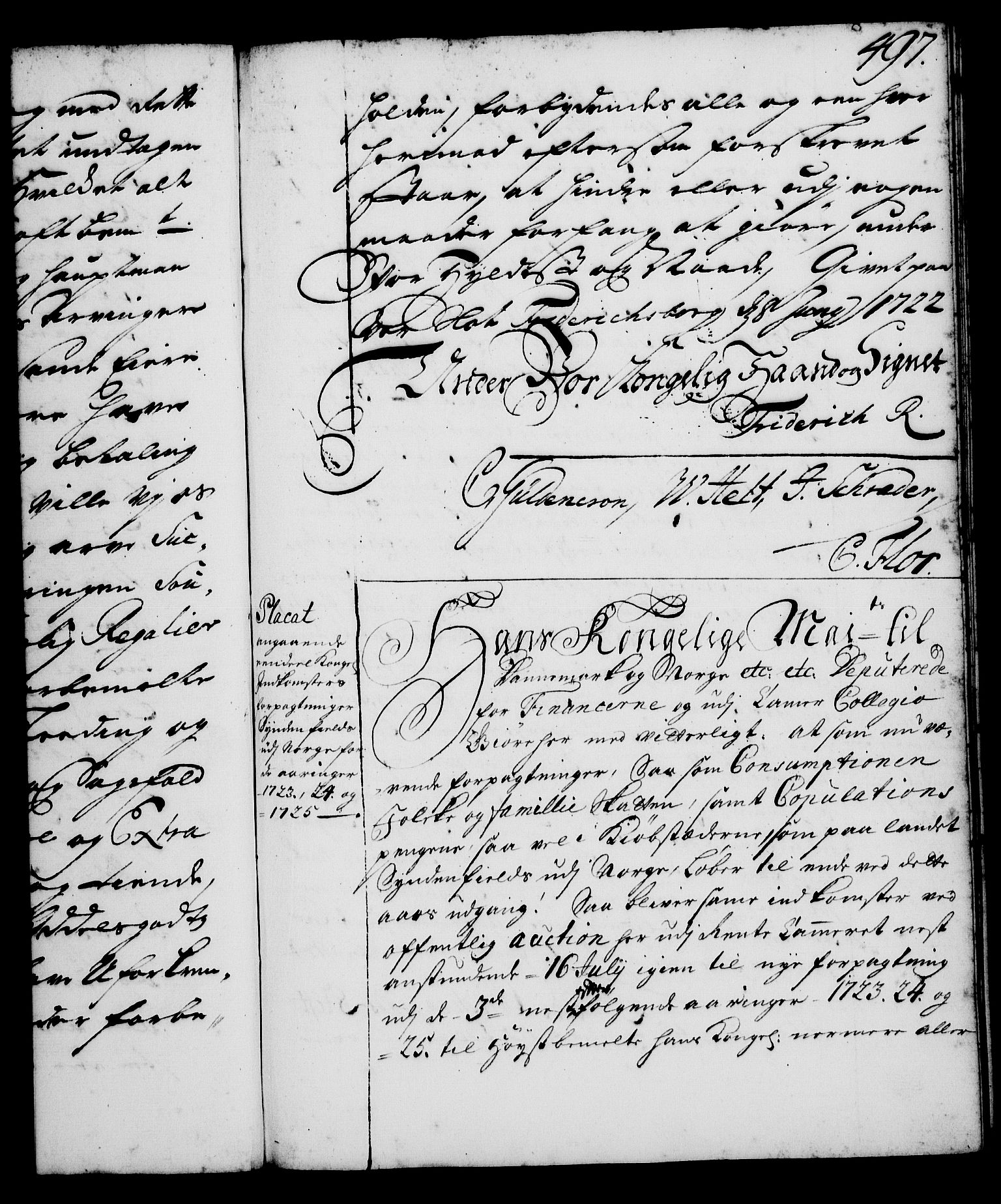 Rentekammeret, Kammerkanselliet, AV/RA-EA-3111/G/Gg/Gga/L0001: Norsk ekspedisjonsprotokoll med register (merket RK 53.1), 1720-1723, p. 497