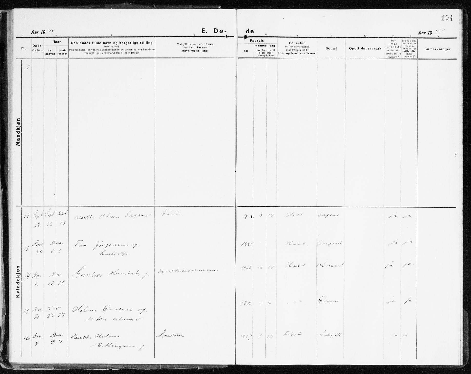 Holt sokneprestkontor, AV/SAK-1111-0021/F/Fb/L0012: Parish register (copy) no. B 12, 1919-1944, p. 194