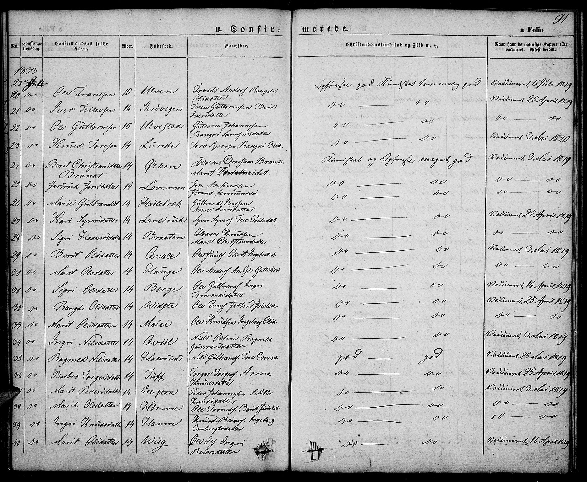 Slidre prestekontor, SAH/PREST-134/H/Ha/Haa/L0003: Parish register (official) no. 3, 1831-1843, p. 91