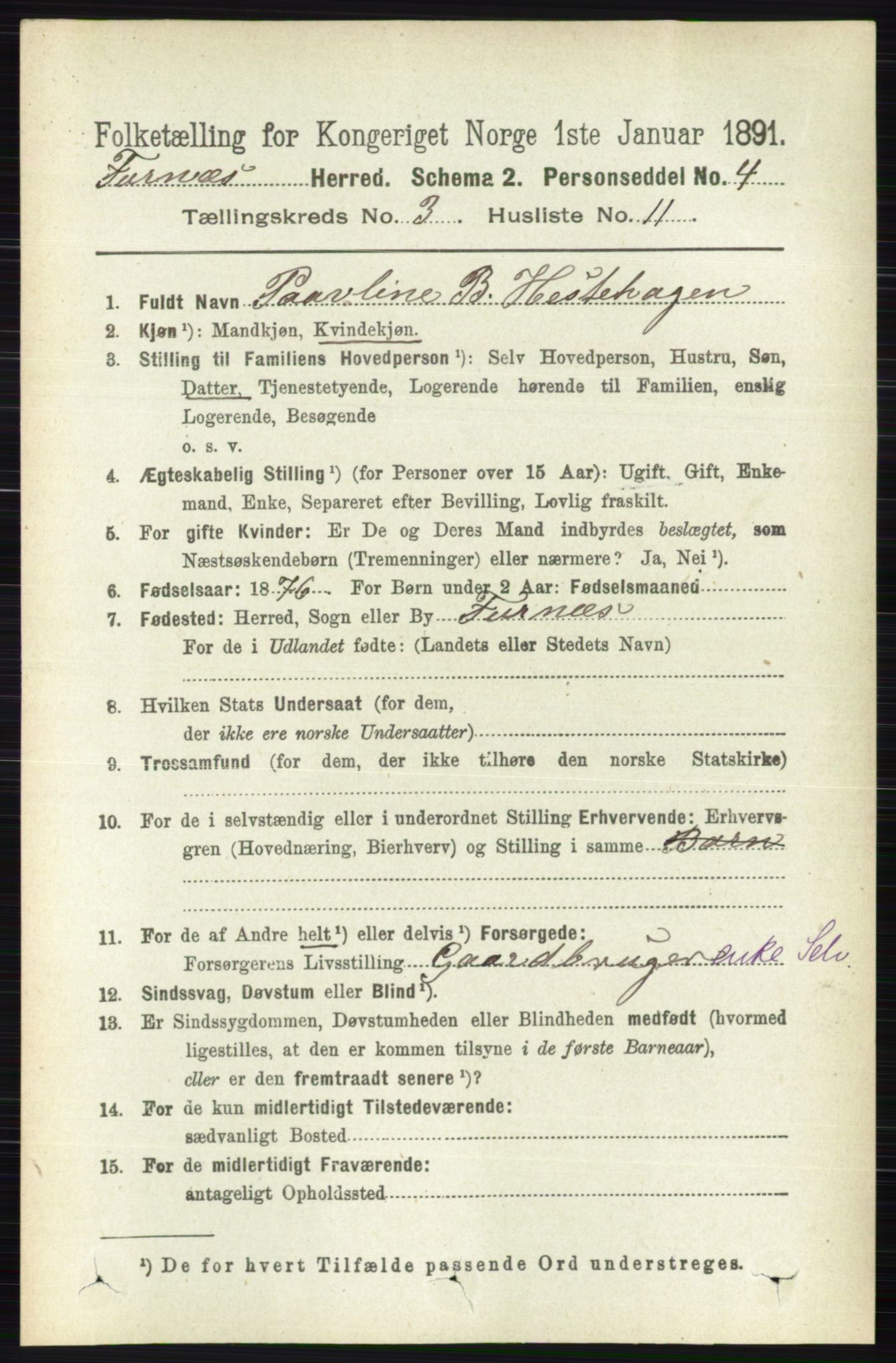 RA, Census 1891 for 0413 Furnes herred, 1891, p. 1694